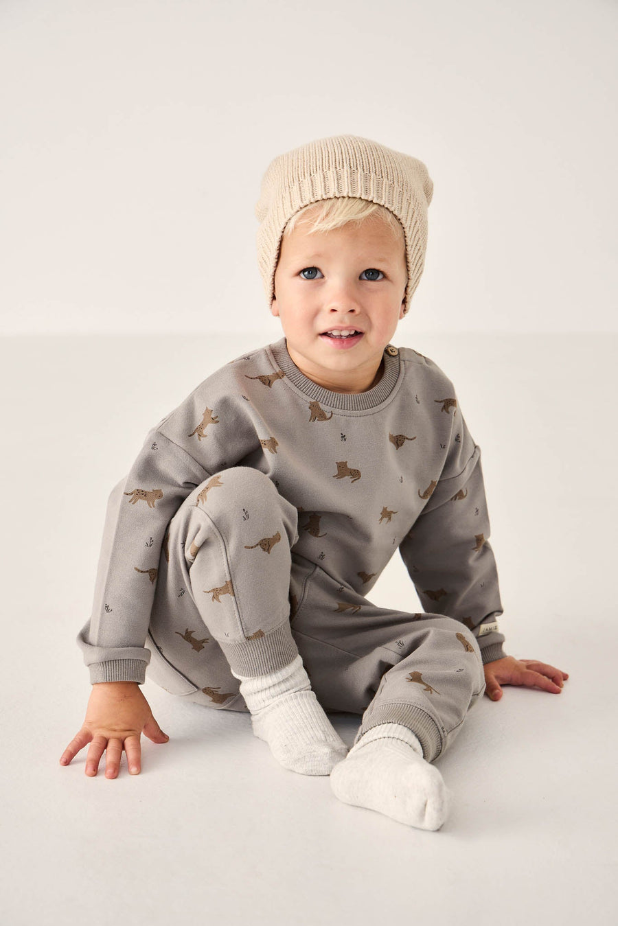 Organic Cotton Jalen Track Pant - Lenny Leopard Sage Childrens Pant from Jamie Kay Australia