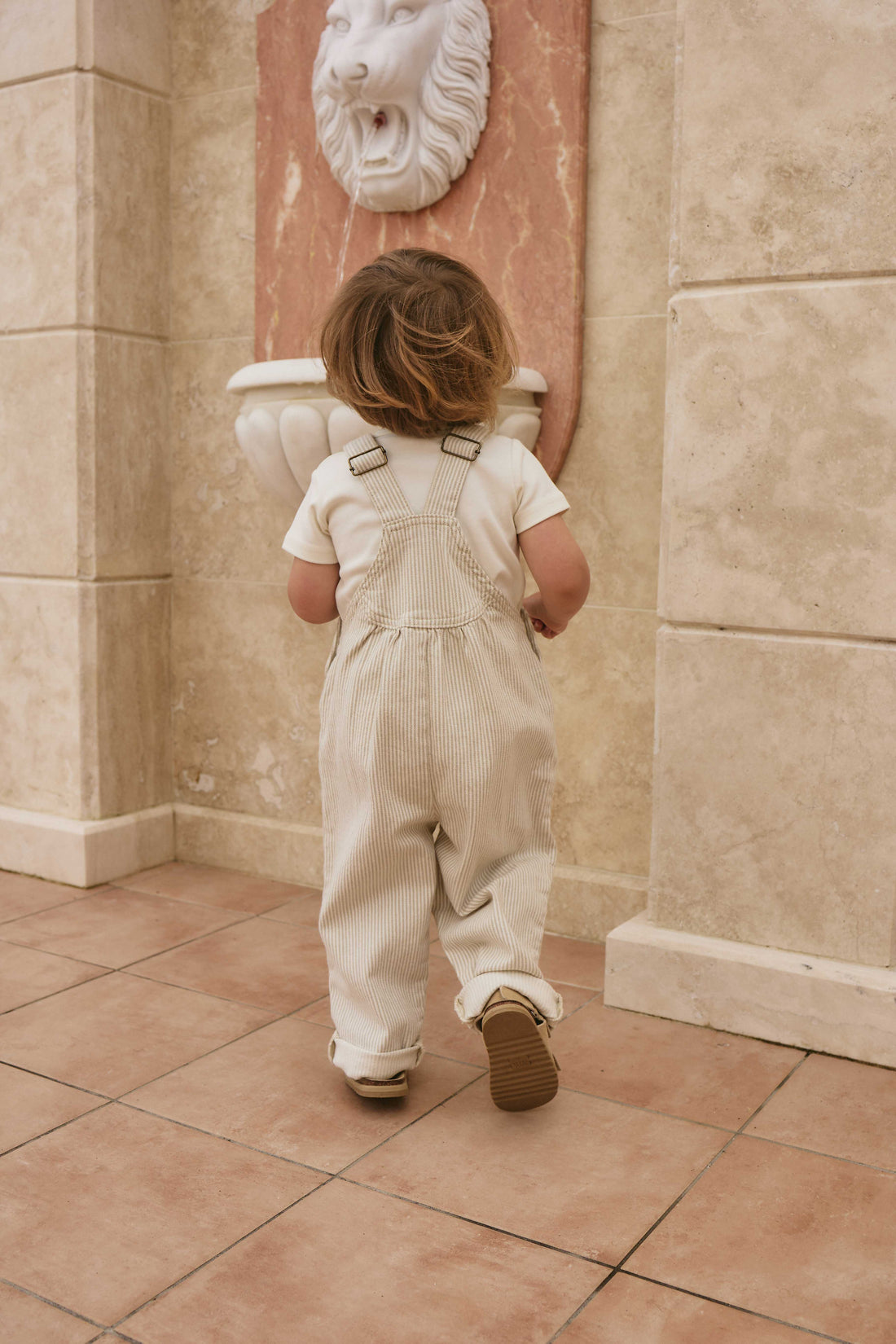 Cecil Overall - Fine Vertical Stripe Sandy Brown/Cloud Childrens Overall from Jamie Kay Australia