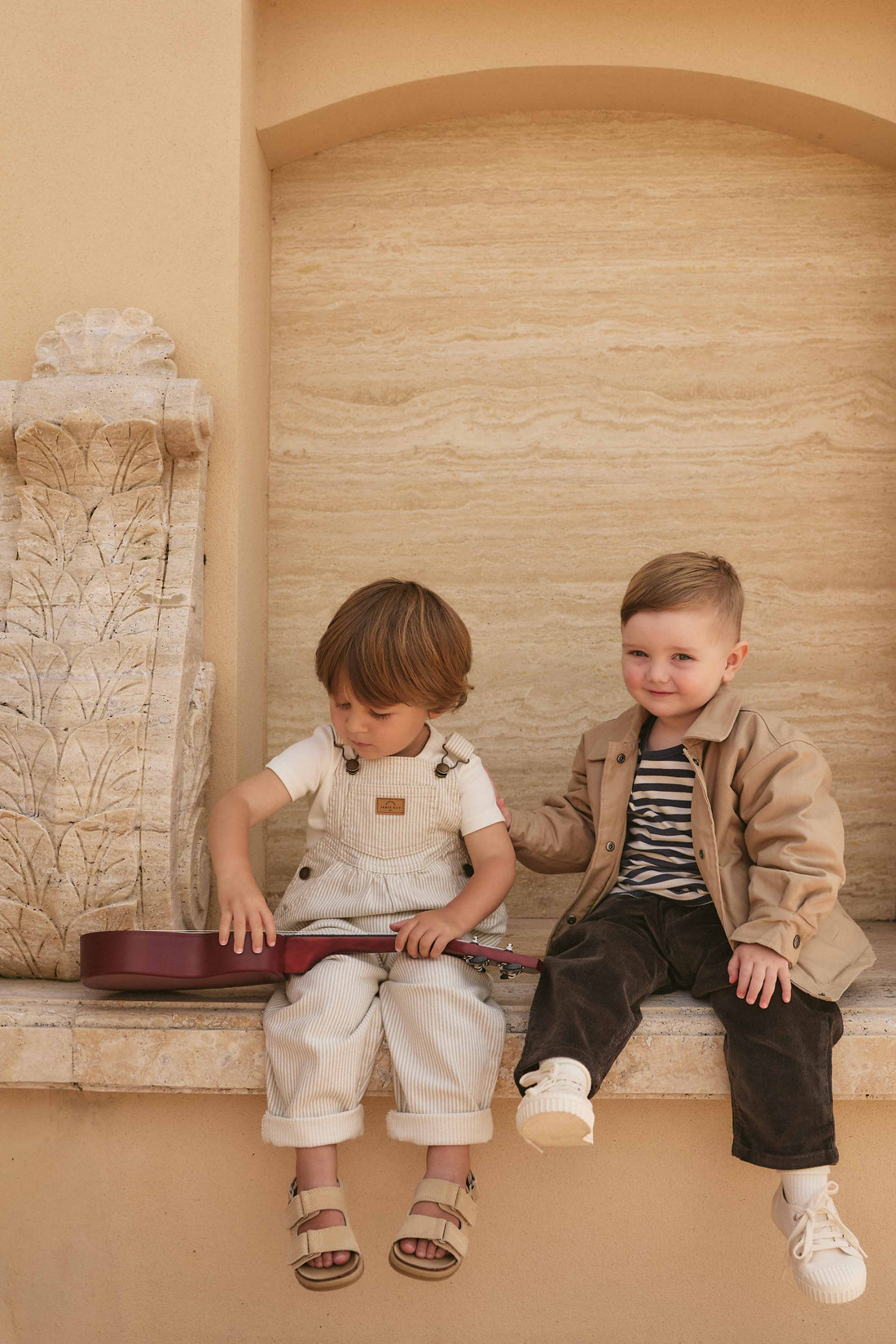 Cecil Overall - Fine Vertical Stripe Sandy Brown/Cloud Childrens Overall from Jamie Kay Australia