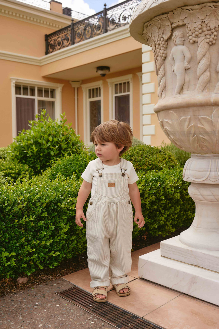 Cecil Overall - Fine Vertical Stripe Sandy Brown/Cloud Childrens Overall from Jamie Kay Australia