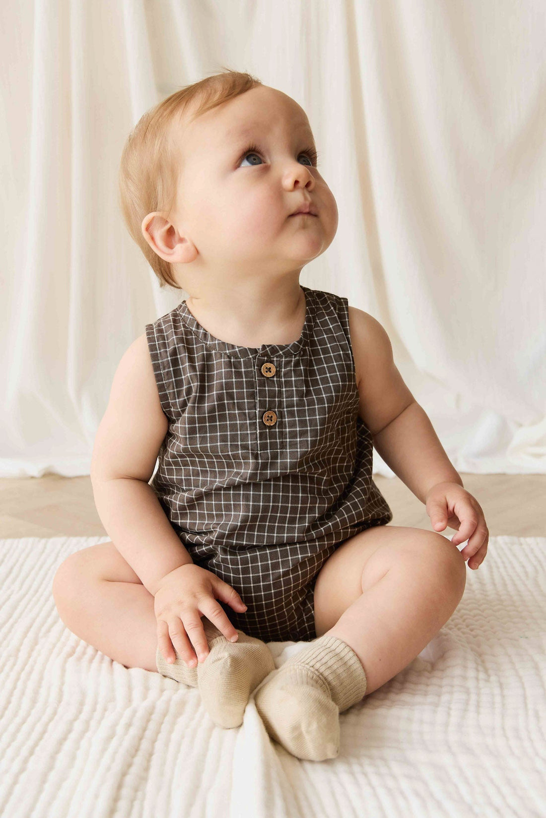 Organic Cotton Archie Playsuit - Coffee Grid Childrens Playsuit from Jamie Kay Australia