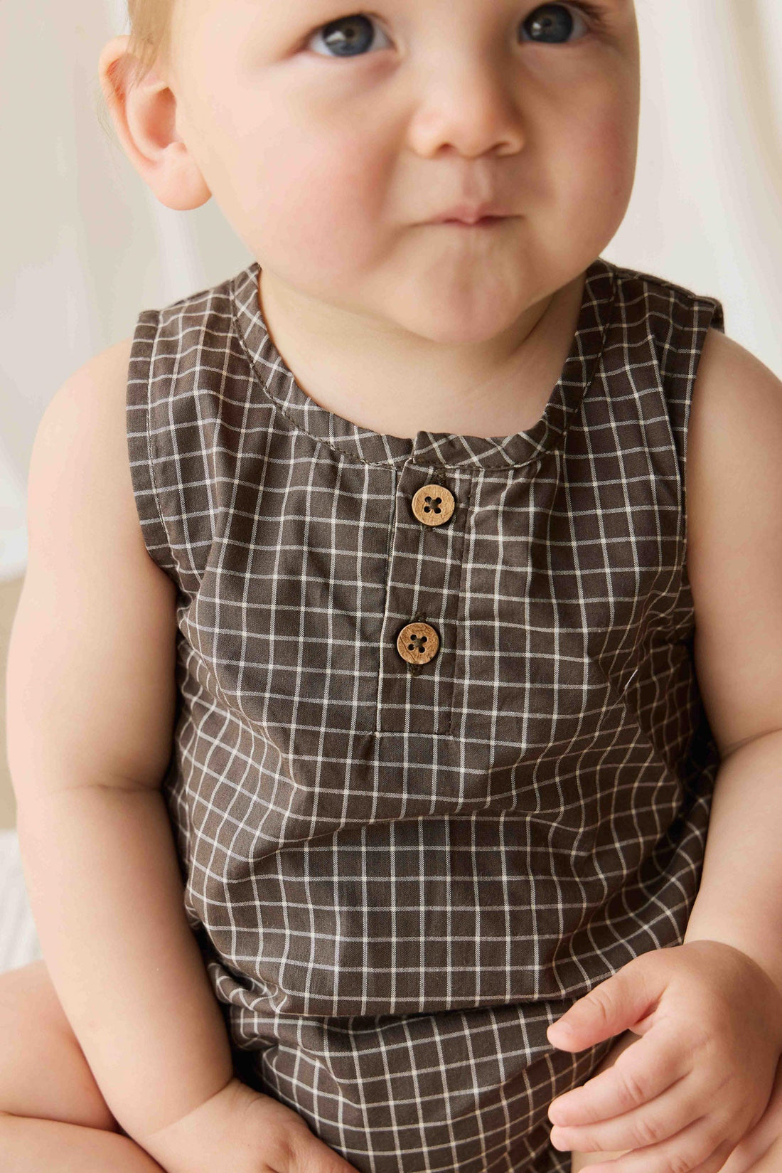Organic Cotton Archie Playsuit - Coffee Grid Childrens Playsuit from Jamie Kay Australia