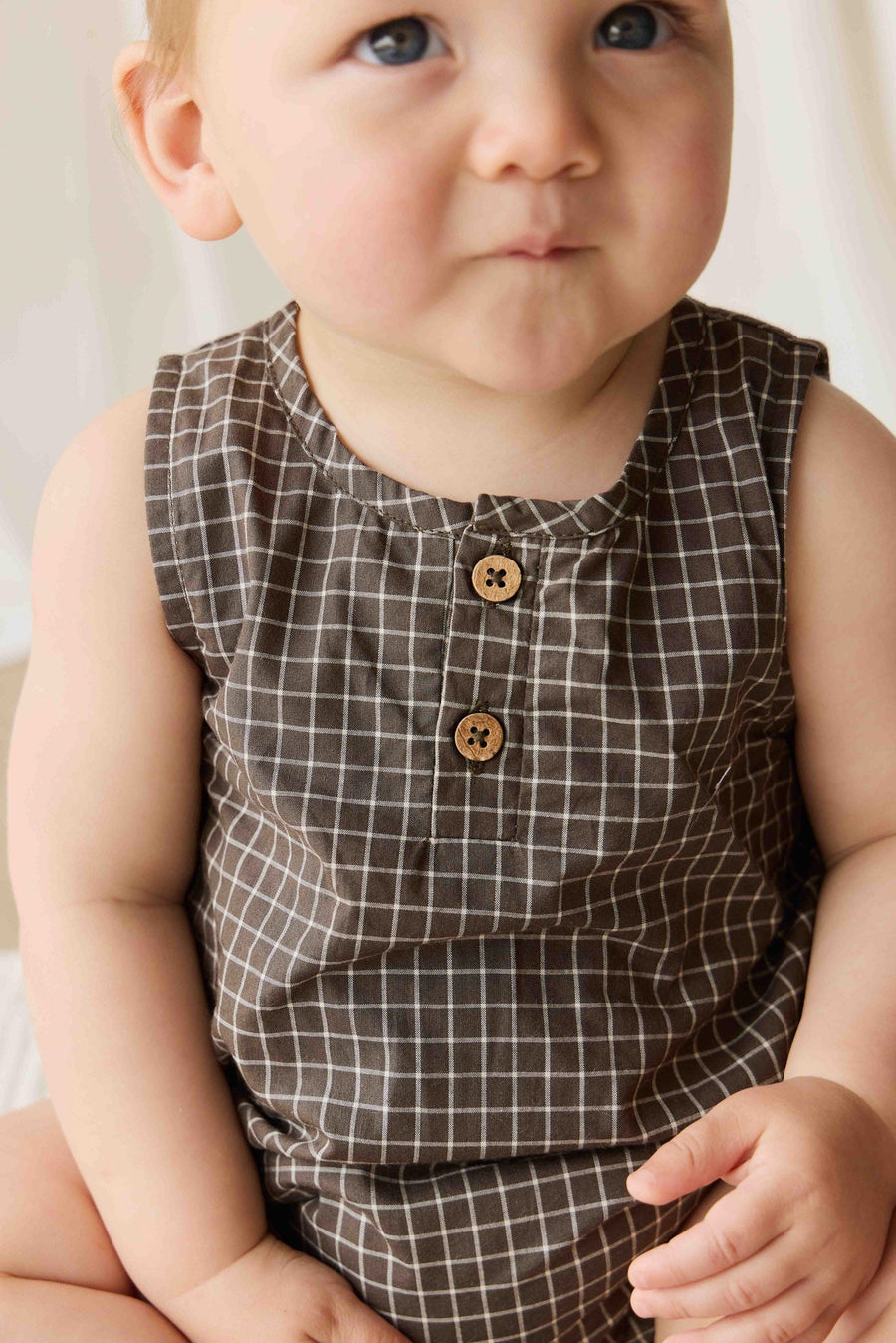 Organic Cotton Archie Playsuit - Coffee Grid Childrens Playsuit from Jamie Kay Australia
