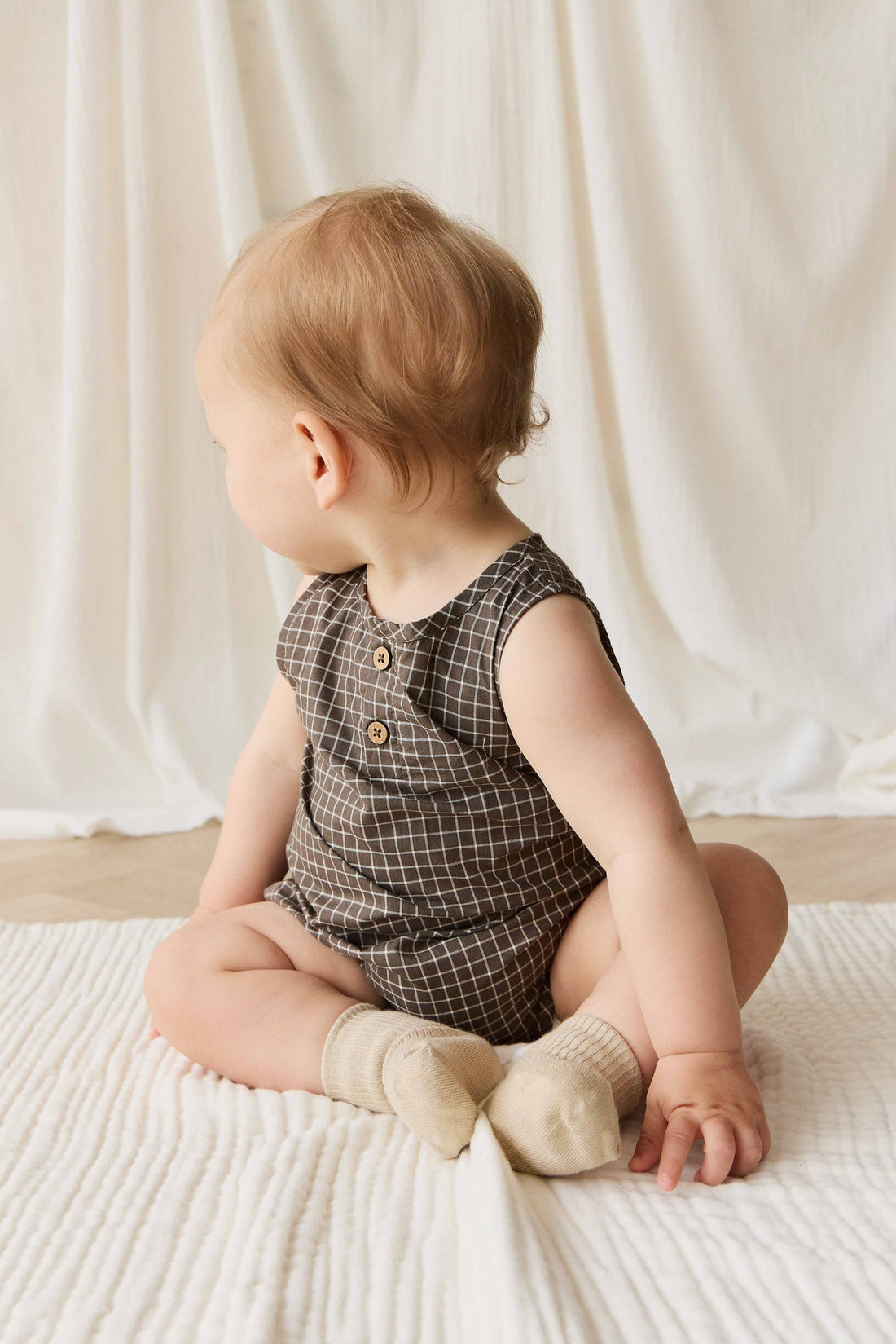Organic Cotton Archie Playsuit - Coffee Grid Childrens Playsuit from Jamie Kay Australia