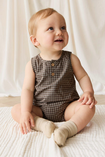 Organic Cotton Archie Playsuit - Coffee Grid Childrens Playsuit from Jamie Kay Australia