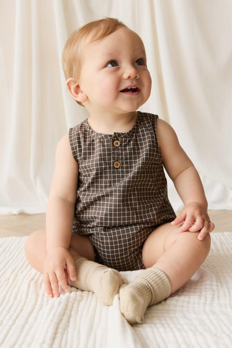Organic Cotton Archie Playsuit - Coffee Grid Childrens Playsuit from Jamie Kay Australia