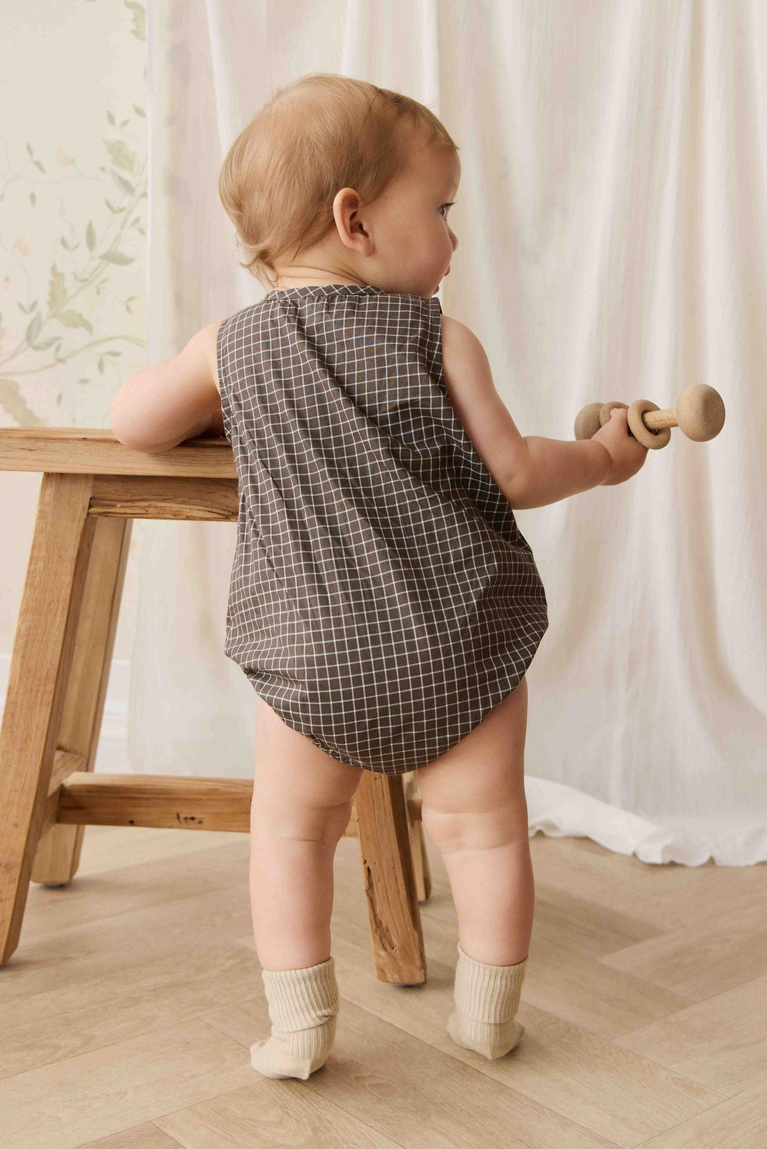 Organic Cotton Archie Playsuit - Coffee Grid Childrens Playsuit from Jamie Kay Australia