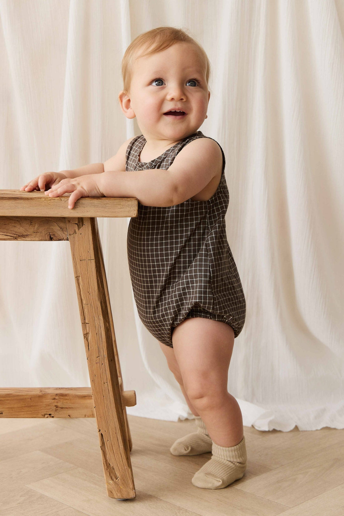Organic Cotton Archie Playsuit - Coffee Grid Childrens Playsuit from Jamie Kay Australia