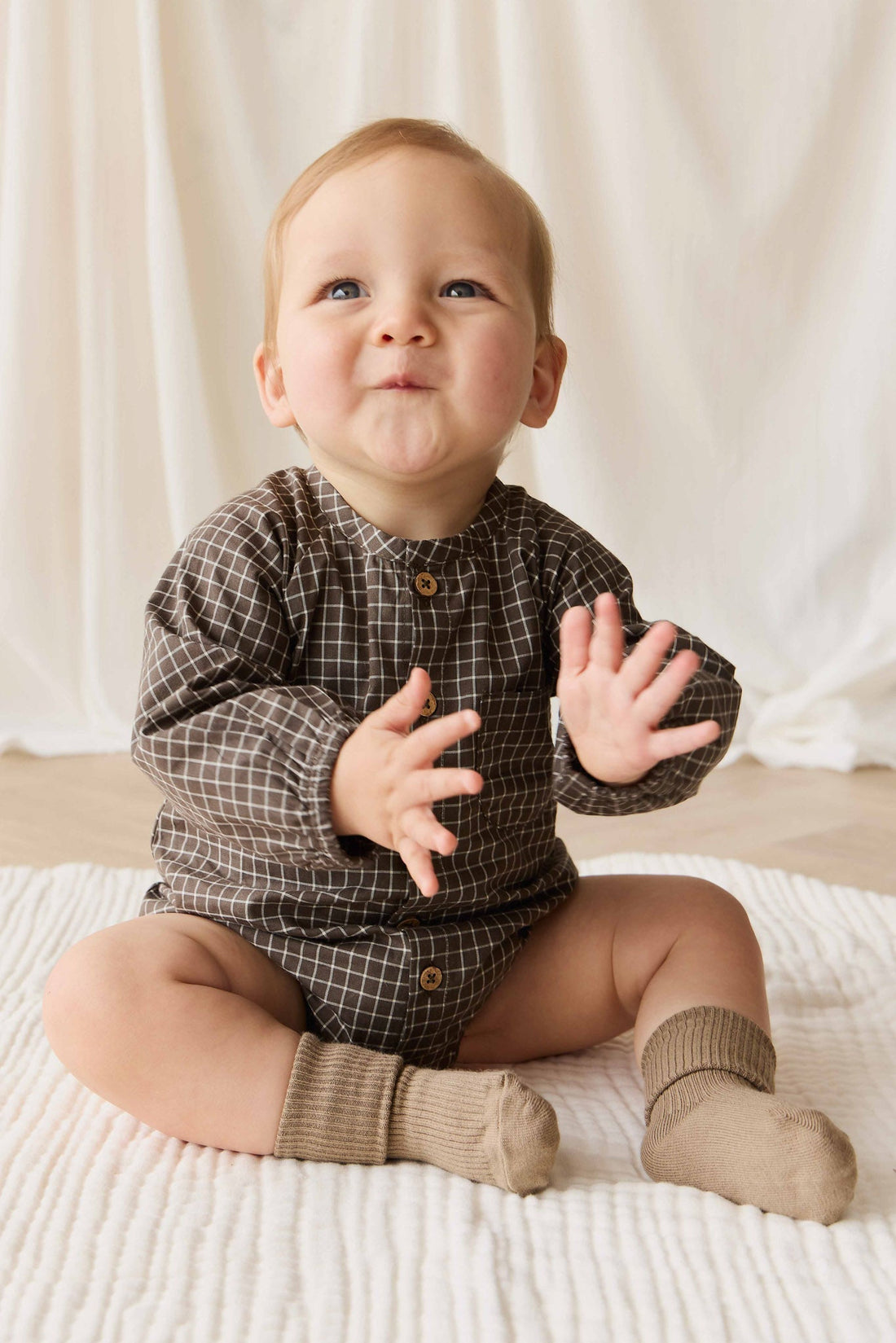 Organic Cotton Ellis Playsuit - Coffee Grid Childrens Playsuit from Jamie Kay Australia