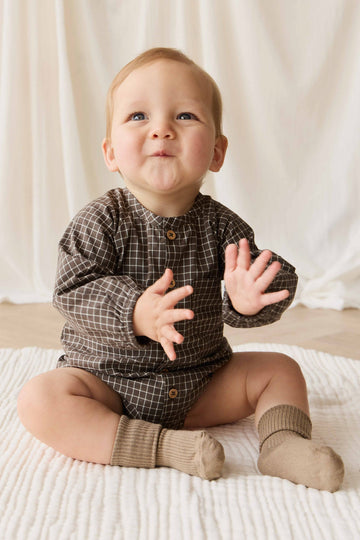 Organic Cotton Ellis Playsuit - Coffee Grid Childrens Playsuit from Jamie Kay Australia