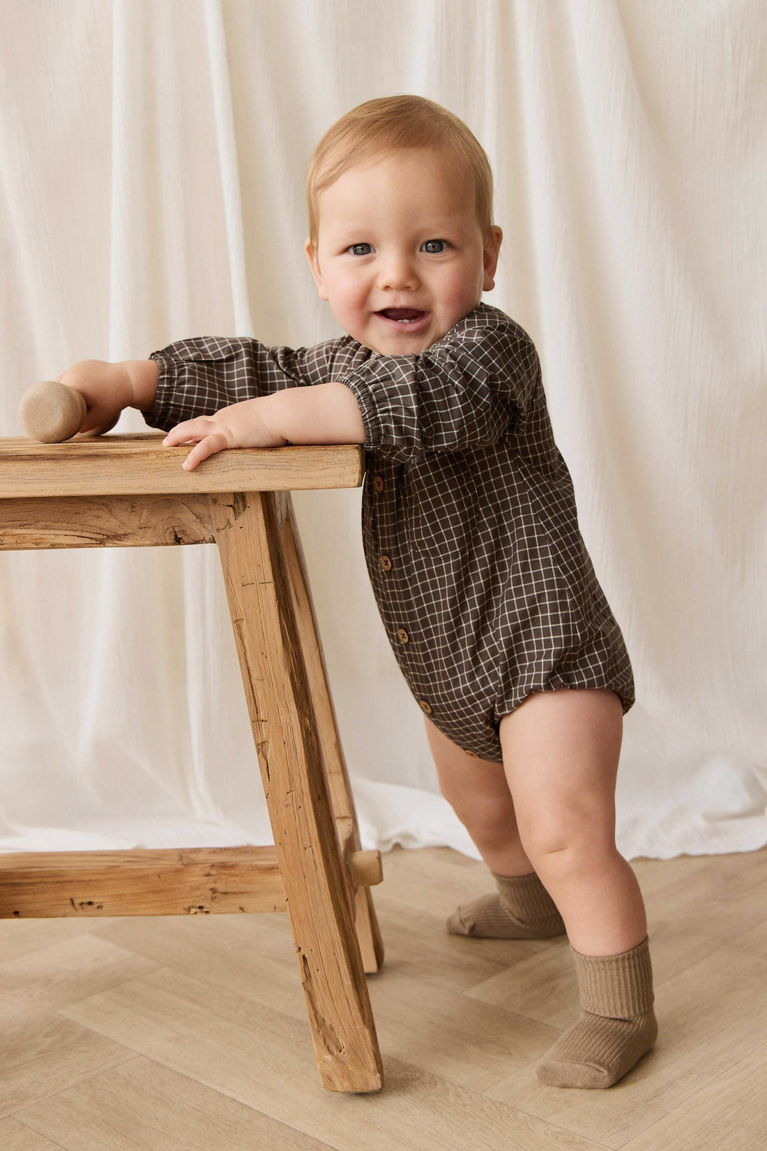 Organic Cotton Ellis Playsuit - Coffee Grid Childrens Playsuit from Jamie Kay Australia