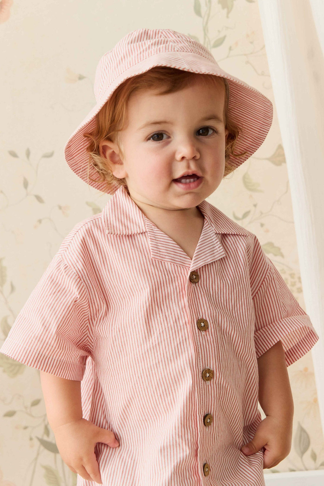 Organic Cotton Bucket Hat - Terracotta Stripe Terracotta/Egret Childrens Hat from Jamie Kay Australia