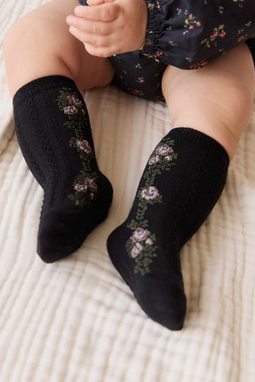 Tasha Floral Jacquard Sock - Black Beauty Childrens Sock from Jamie Kay Australia