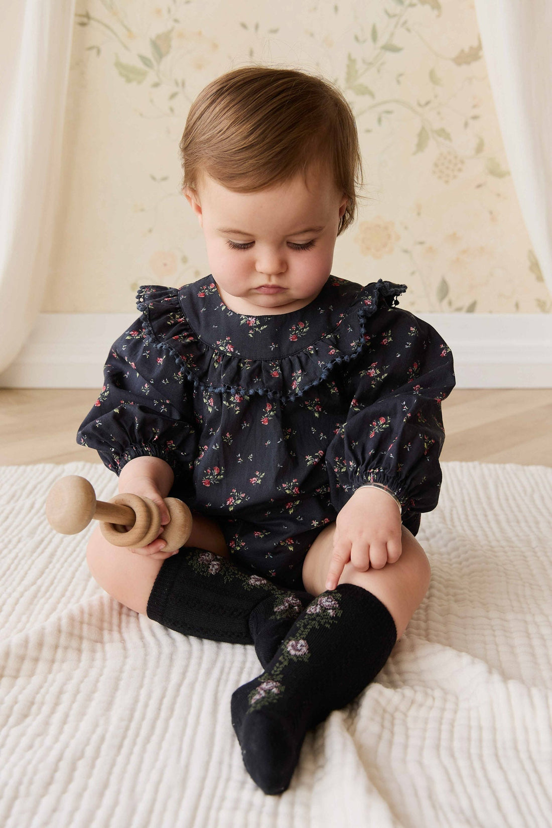 Tasha Floral Jacquard Sock - Black Beauty Childrens Sock from Jamie Kay Australia