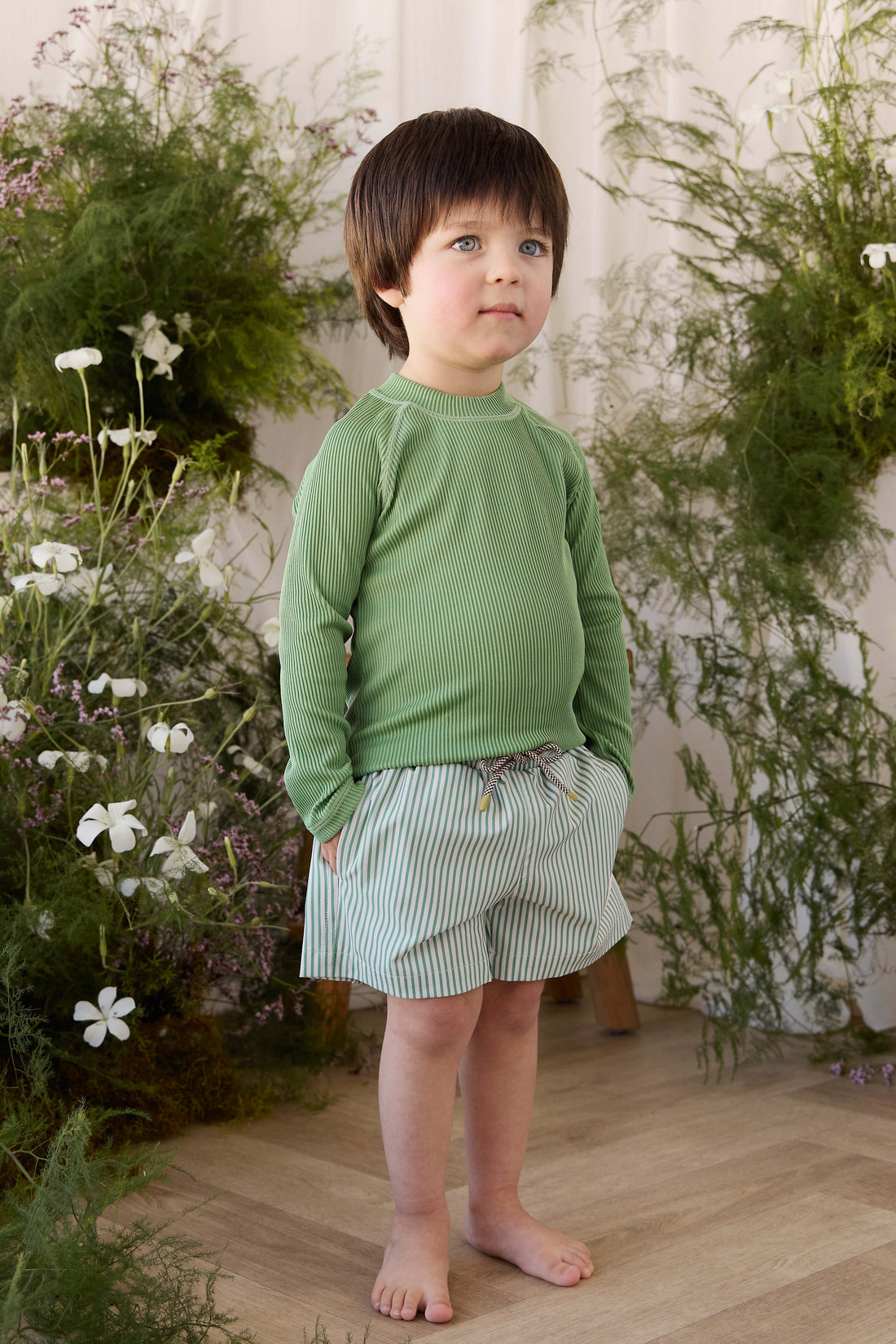 Wyatt Board Short - Snow Pea Stripe Childrens Swimwear from Jamie Kay Australia