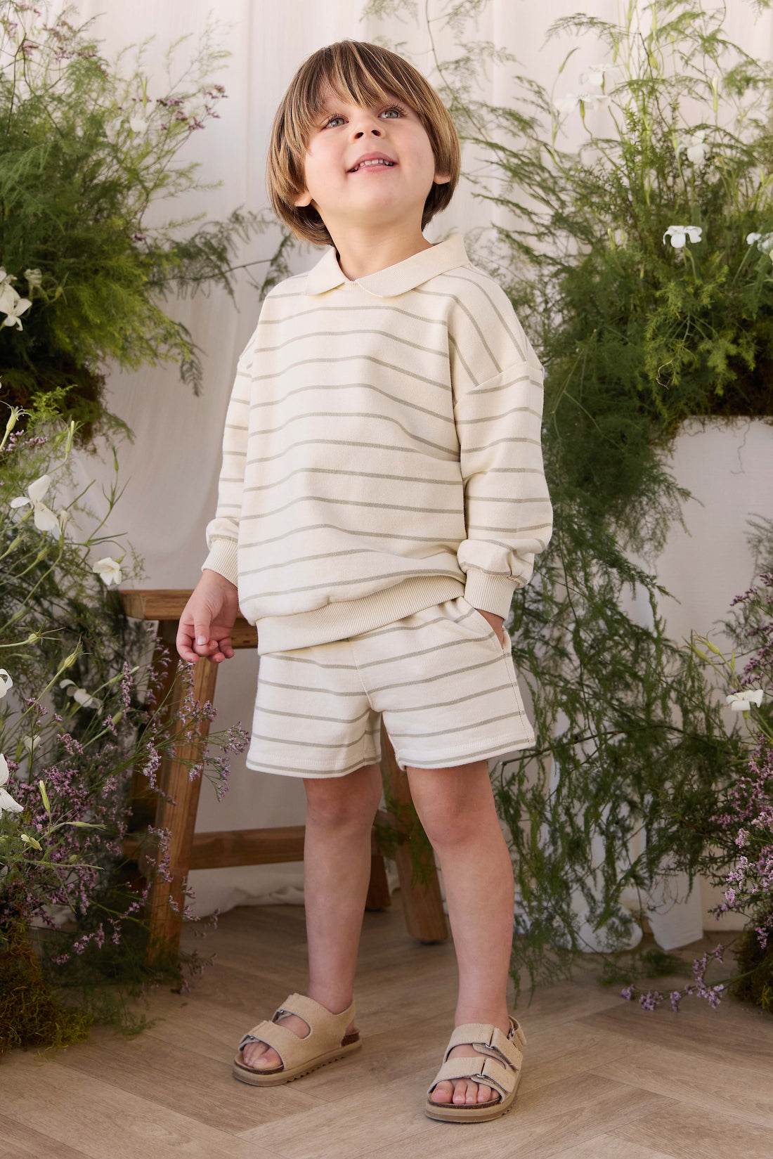 Organic Cotton Jalen Short - Horizon Stripe Lichen/Cloud Childrens Shorts from Jamie Kay Australia
