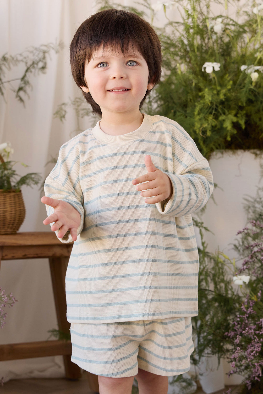 Organic Cotton Waffle Leith Long Sleeve Top - James Stripe Reef/Cloud Childrens Top from Jamie Kay Australia