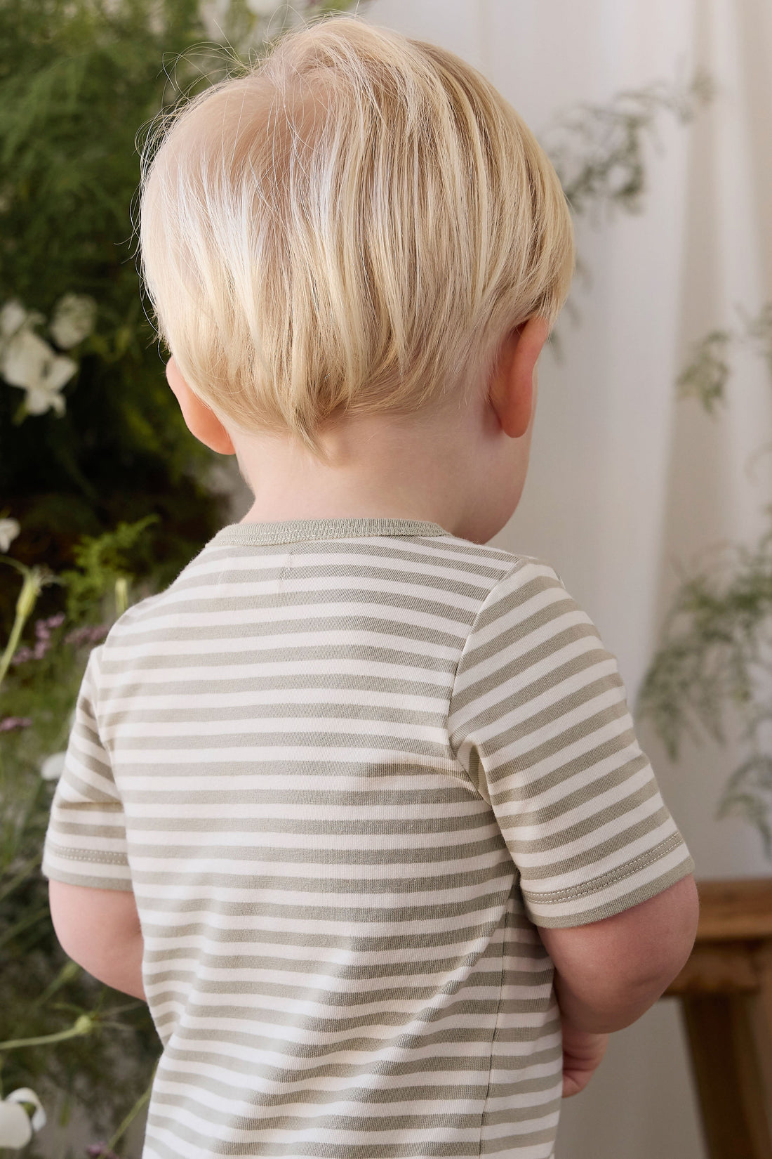 Organic Cotton Baker Short Sleeve Pyjama Set - Narrow Stripe Lichen/Cloud Childrens Pyjamas from Jamie Kay Australia