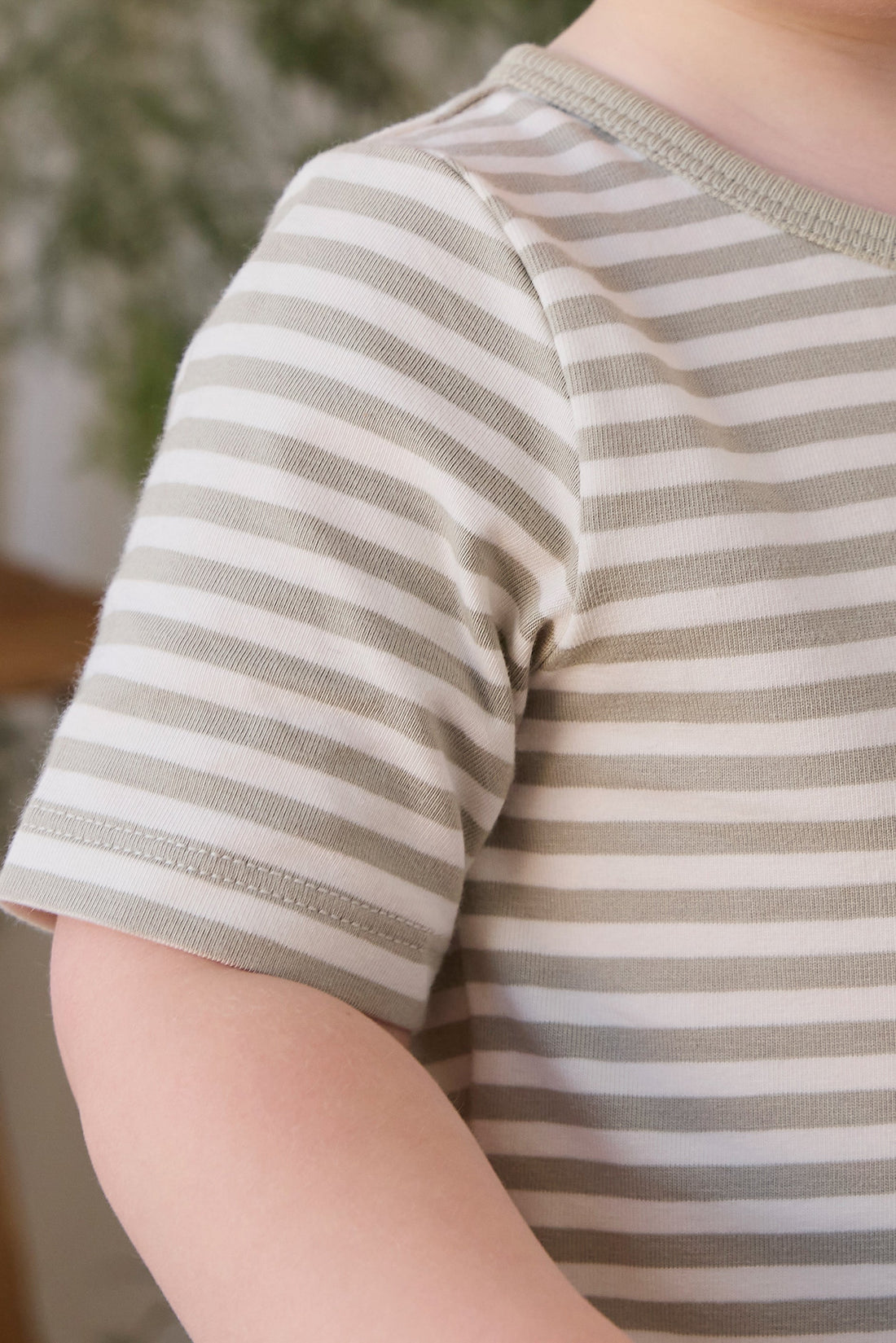 Organic Cotton Baker Short Sleeve Pyjama Set - Narrow Stripe Lichen/Cloud Childrens Pyjamas from Jamie Kay Australia