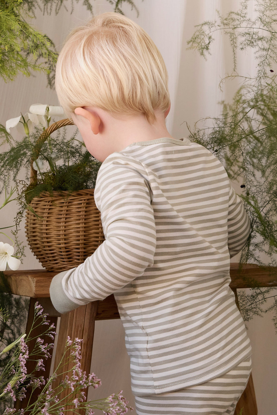 Organic Cotton Amory Long Sleeve Pyjama Set - Narrow Stripe Lichen/Cloud Childrens Pyjamas from Jamie Kay Australia