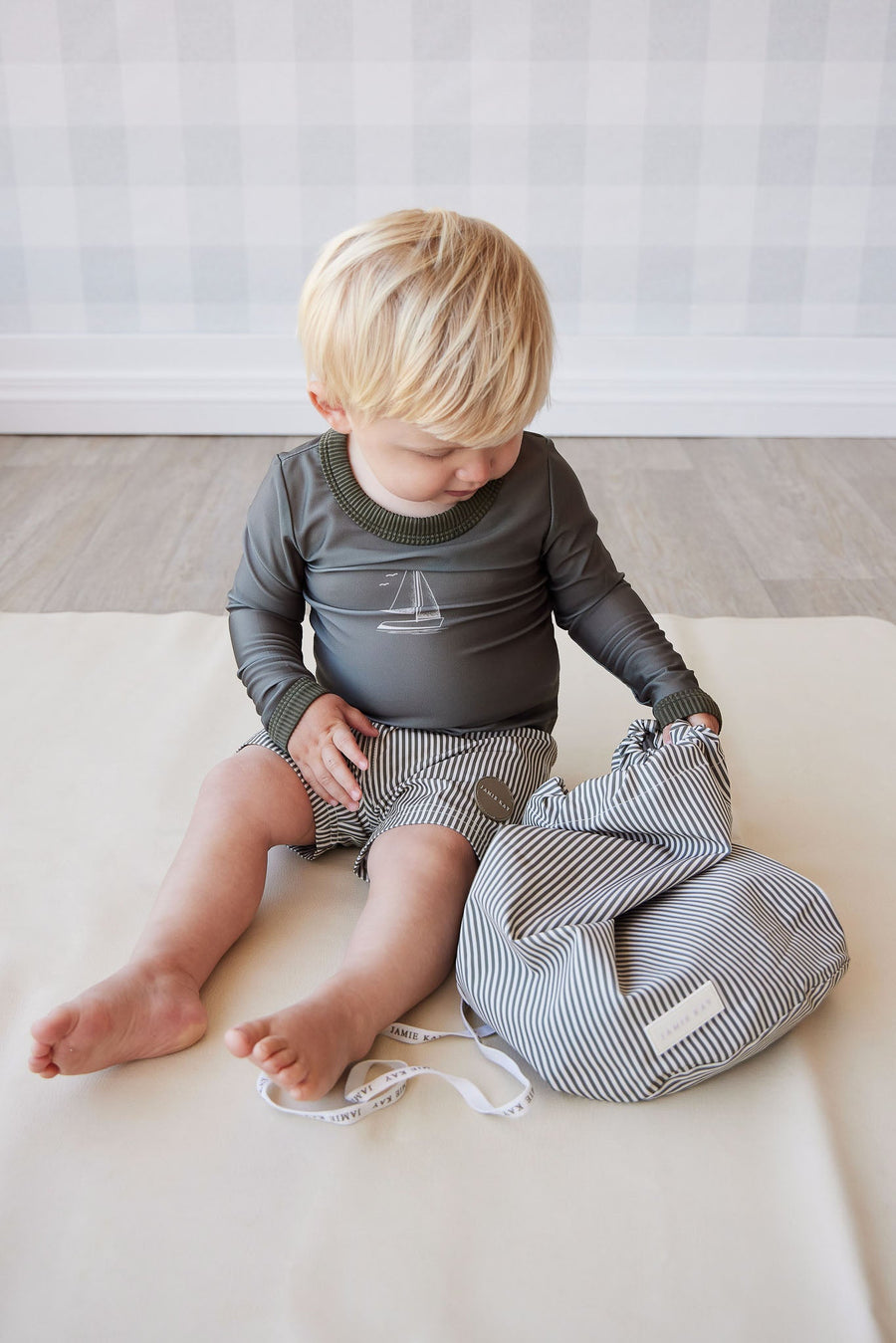 Swim Bag - Fine Vertical Stripe Dark Olive Childrens Swimwear from Jamie Kay Australia