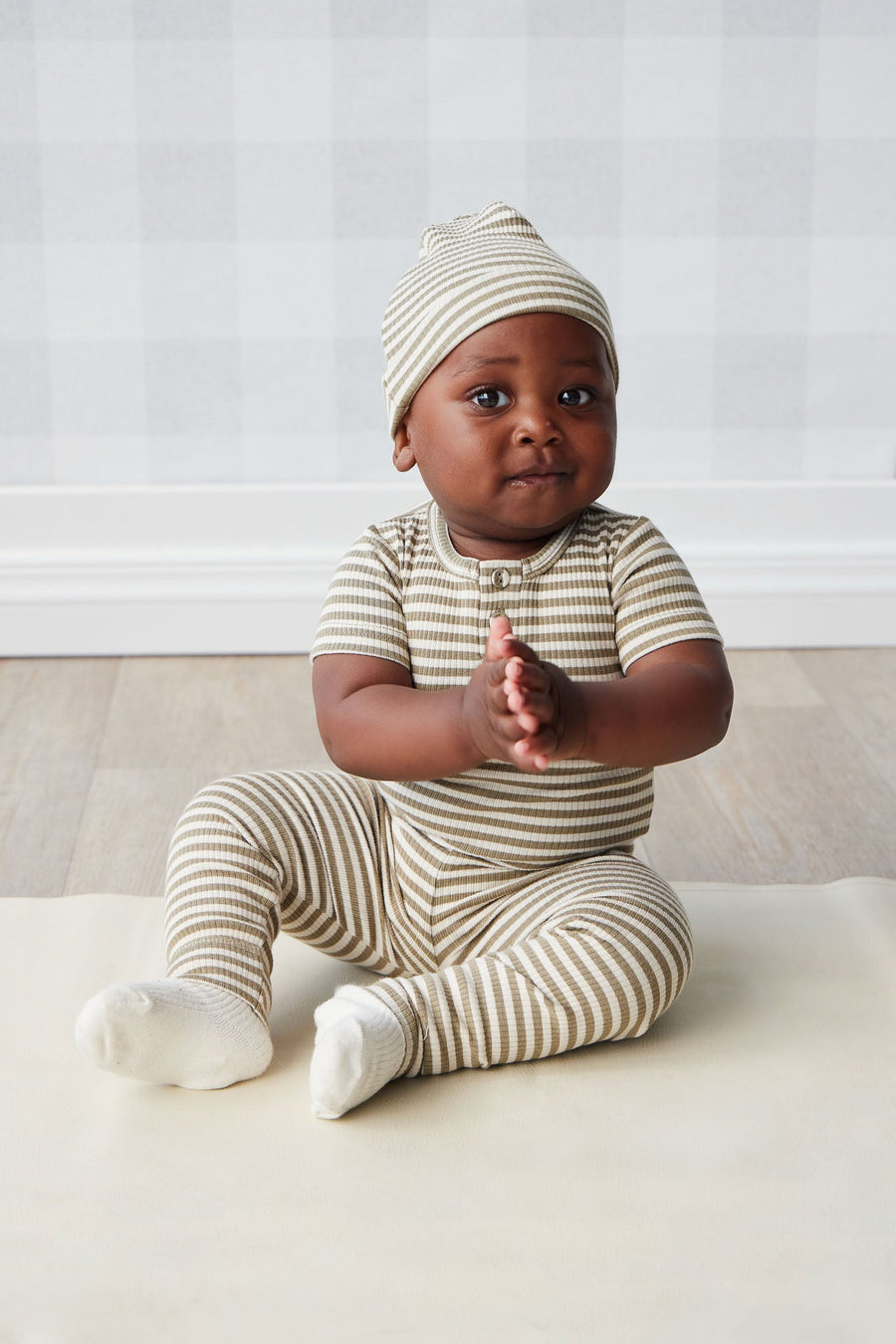 Organic Cotton Modal Darcy Rib Tee Bodysuit - Narrow Stripe Oak/Soft Clay Childrens Bodysuit from Jamie Kay Australia