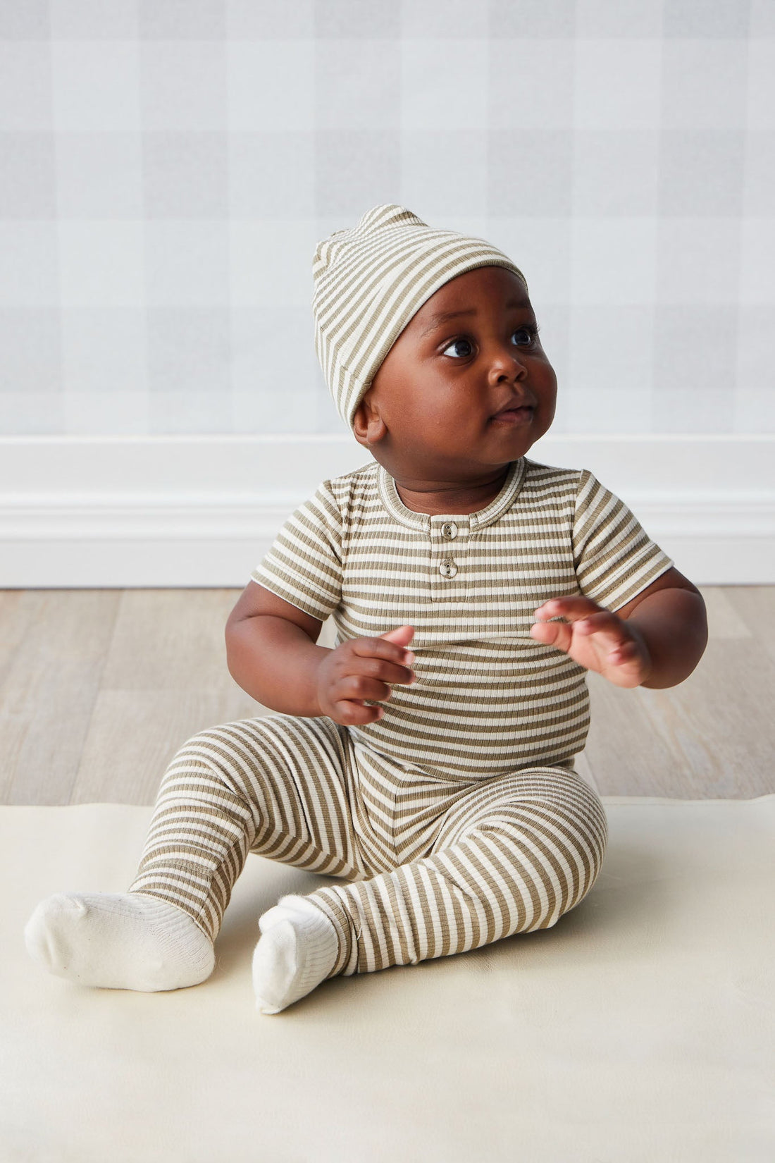 Organic Cotton Modal Lennon Beanie - Narrow Stripe Oak/Soft Clay Childrens Hat from Jamie Kay Australia