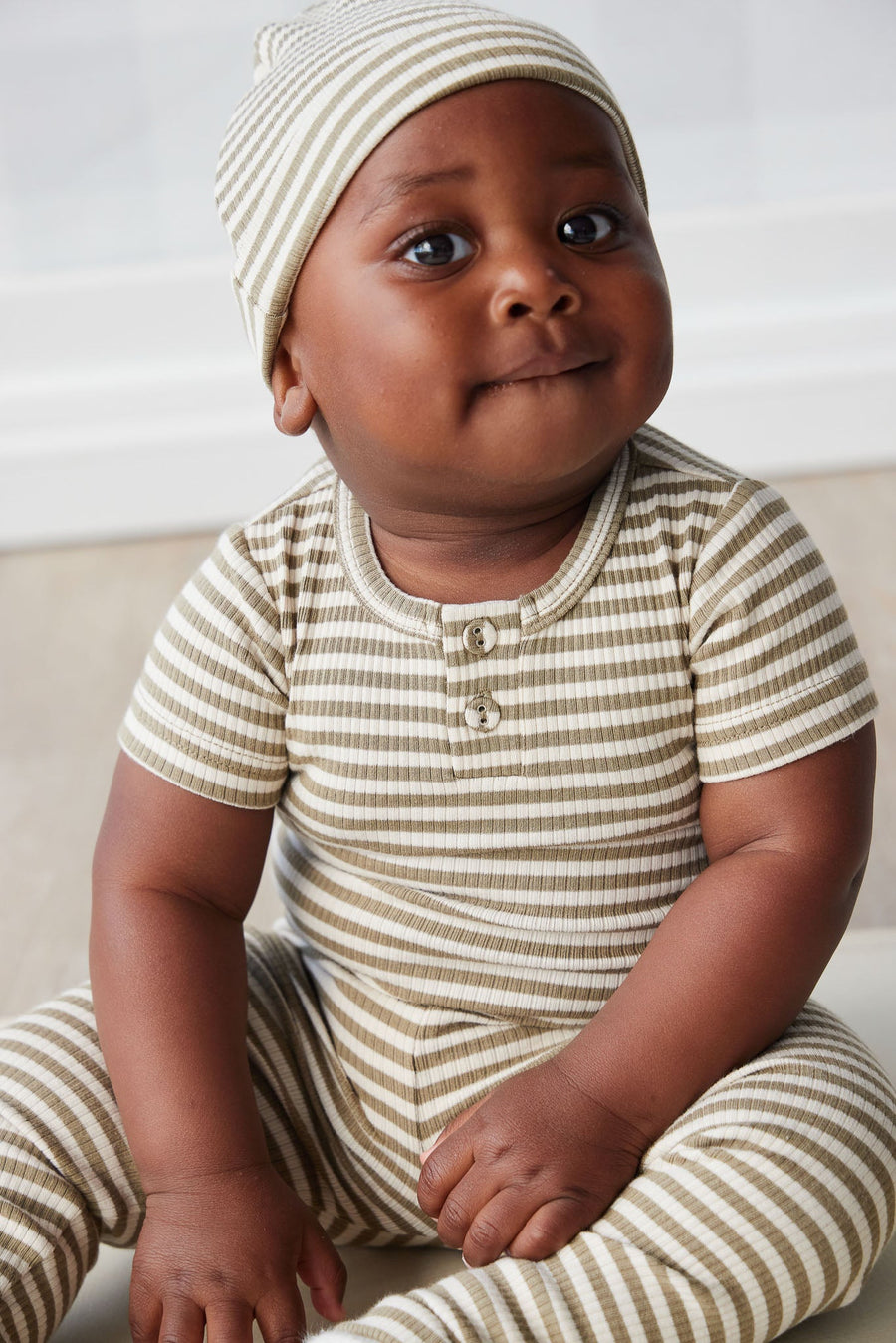 Organic Cotton Modal Darcy Rib Tee Bodysuit - Narrow Stripe Oak/Soft Clay Childrens Bodysuit from Jamie Kay Australia