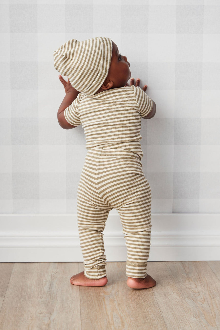 Organic Cotton Modal Darcy Rib Tee Bodysuit - Narrow Stripe Oak/Soft Clay Childrens Bodysuit from Jamie Kay Australia