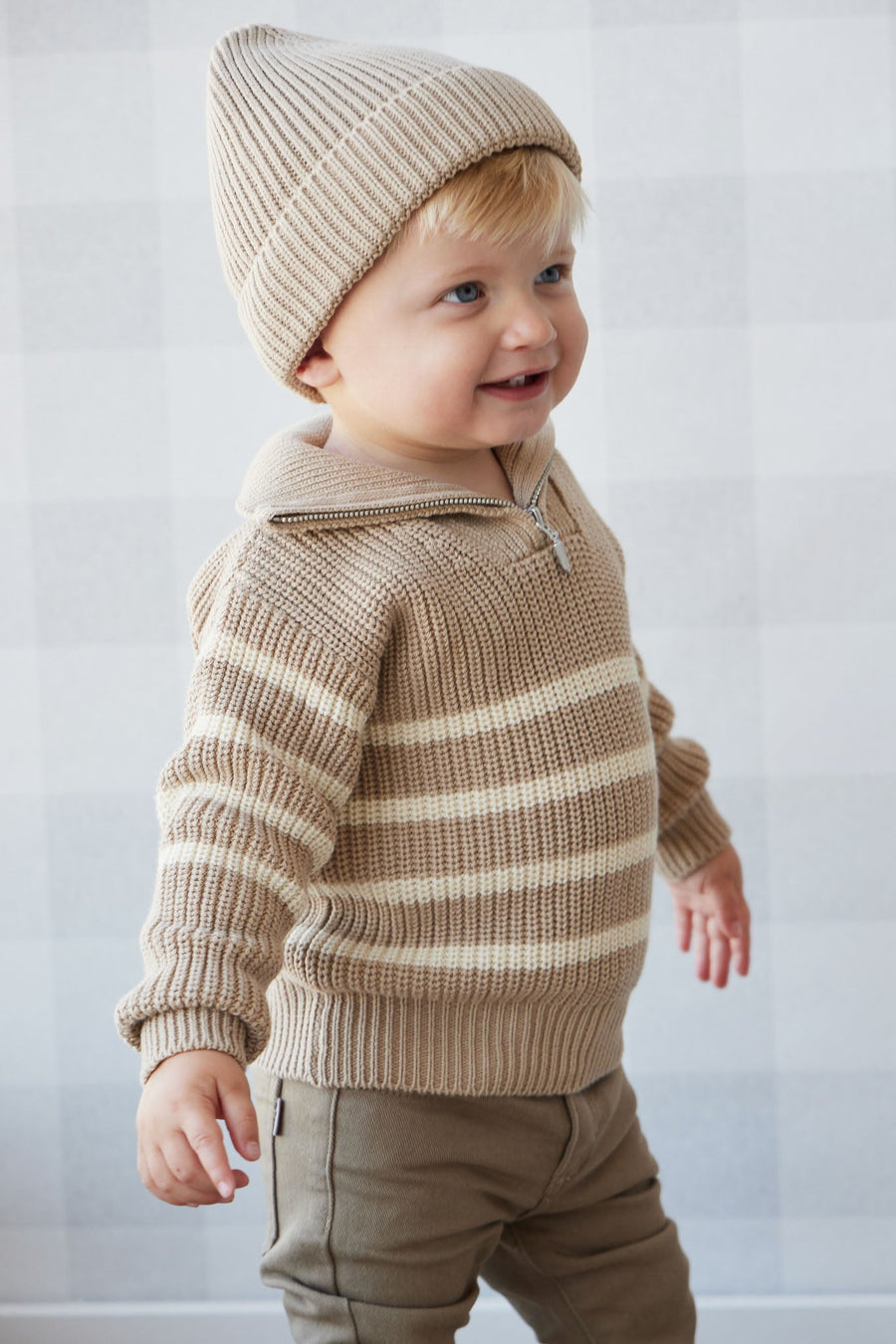 Jack Zip Jumper - Lenny Stripe Fawn Childrens Jumper from Jamie Kay Australia