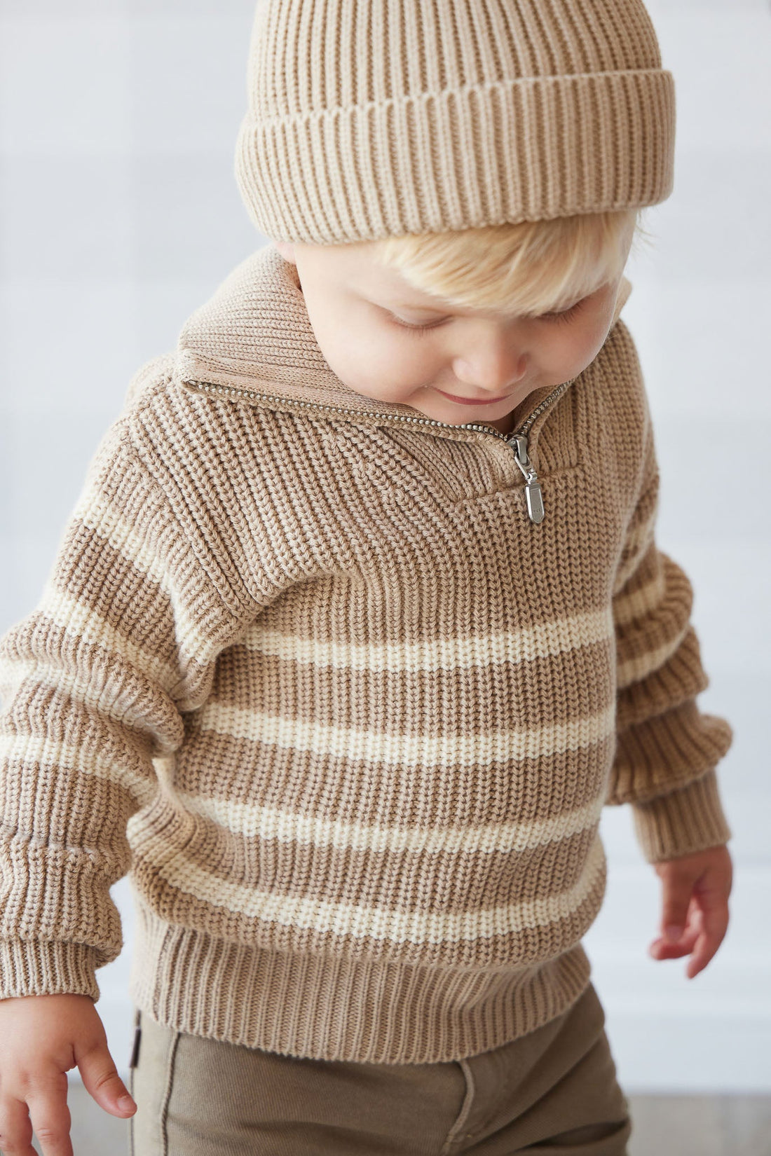 Jack Zip Jumper - Lenny Stripe Fawn Childrens Jumper from Jamie Kay Australia