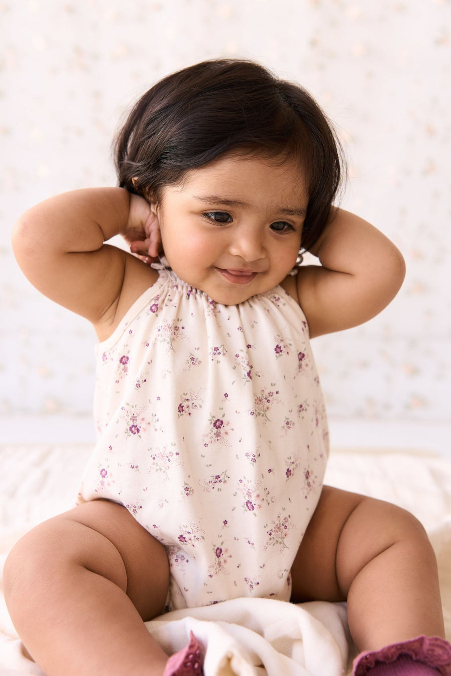 Organic Cotton Cassie Playsuit - Sweet William Floral Natural Childrens Playsuit from Jamie Kay Australia