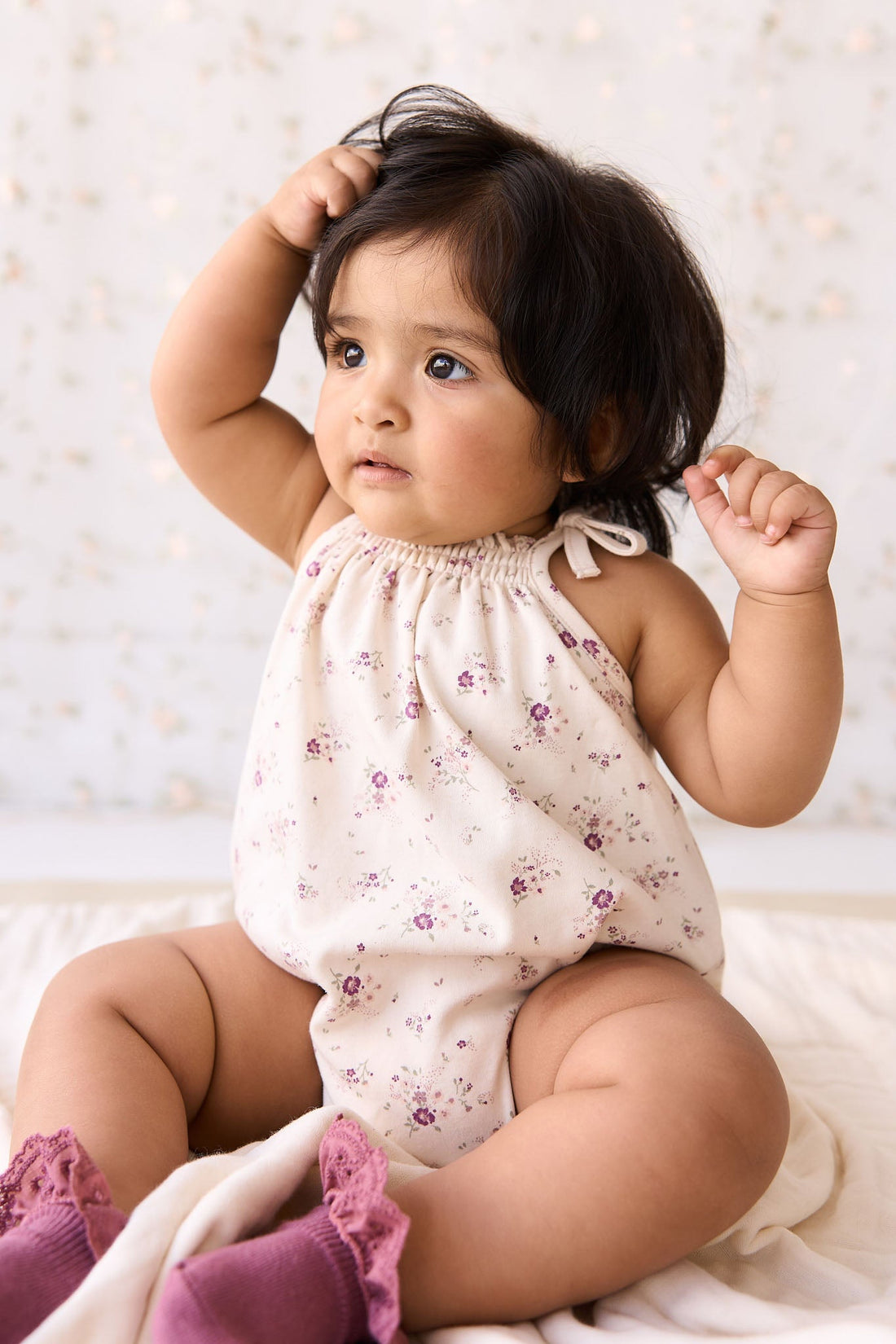 Organic Cotton Cassie Playsuit - Sweet William Floral Natural Childrens Playsuit from Jamie Kay Australia