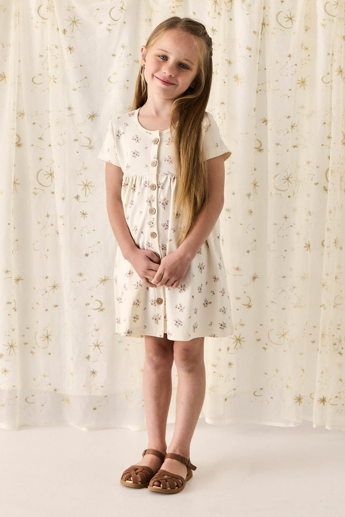 Organic Cotton Lola Dress - Goldie Bouquet Egret Childrens Dress from Jamie Kay Australia