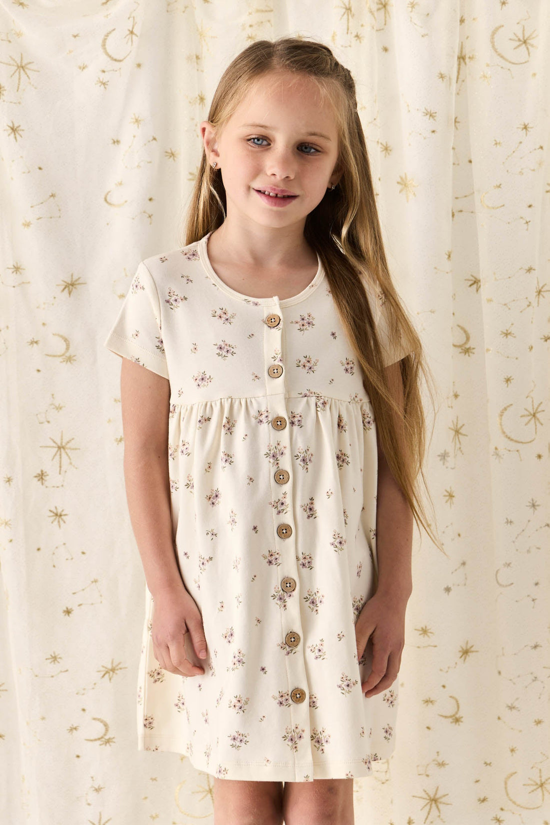 Organic Cotton Lola Dress - Goldie Bouquet Egret Childrens Dress from Jamie Kay Australia