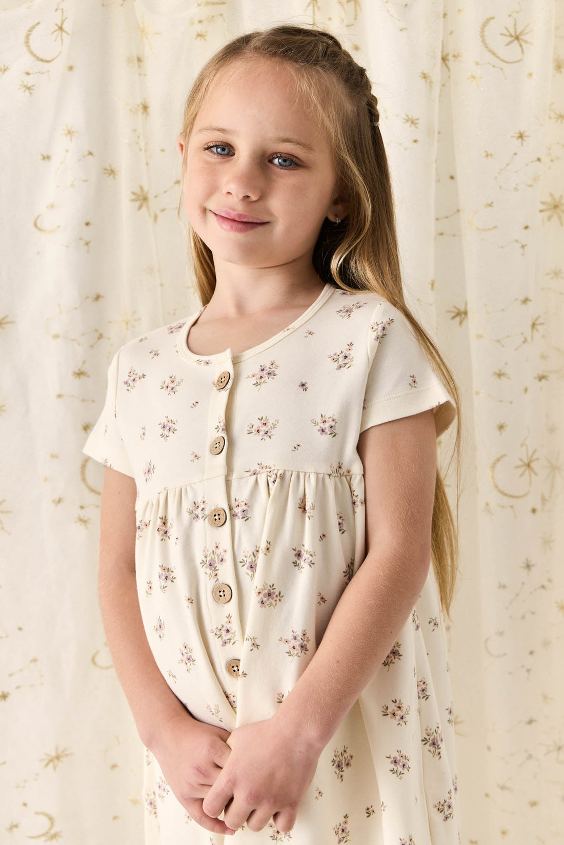 Organic Cotton Lola Dress - Goldie Bouquet Egret Childrens Dress from Jamie Kay Australia