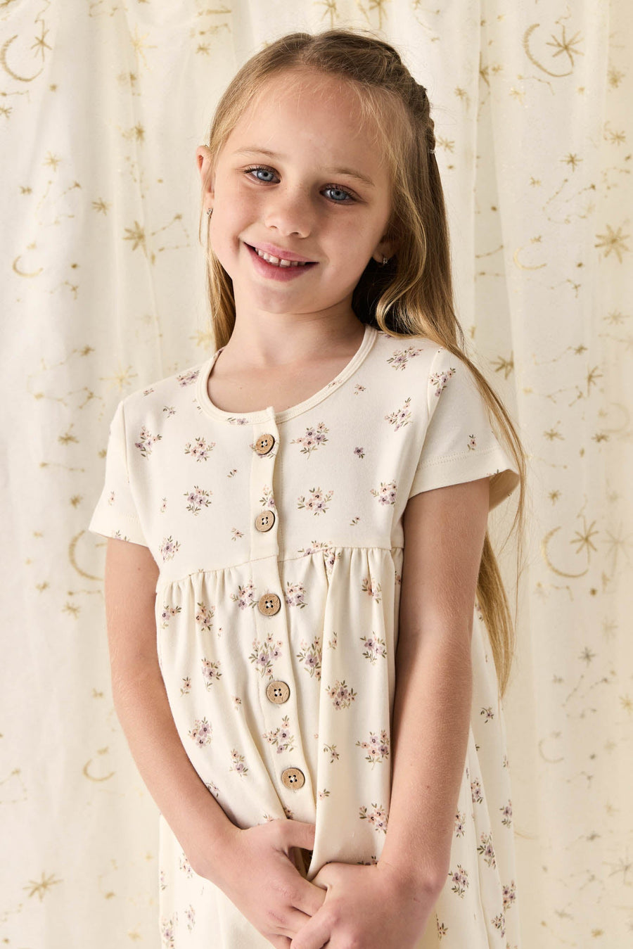 Organic Cotton Lola Dress - Goldie Bouquet Egret Childrens Dress from Jamie Kay Australia