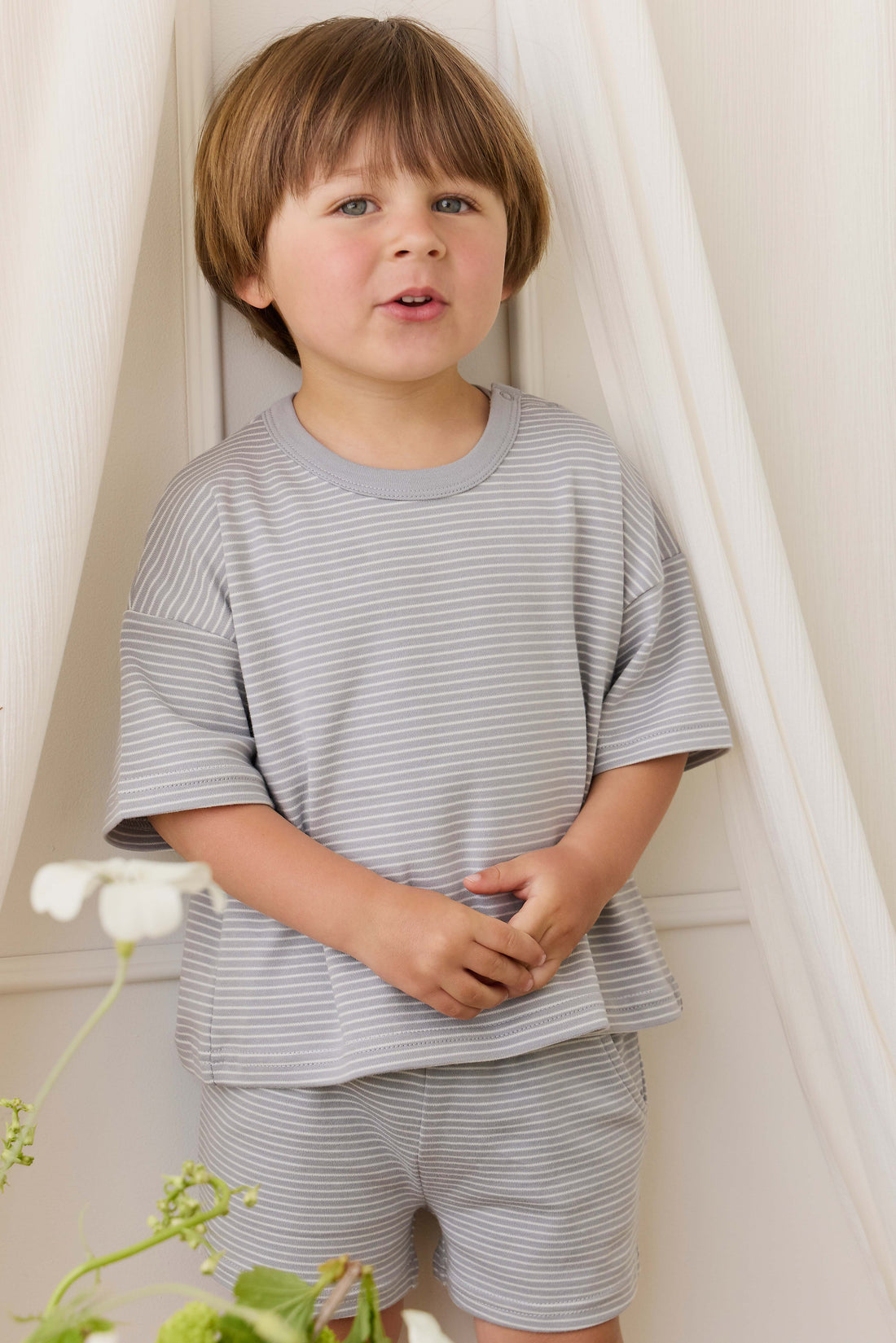 Pima Cotton Wesley Short - Fine Stripe Missouri/Parchment Childrens Shorts from Jamie Kay Australia