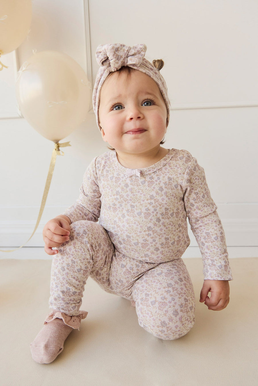 Organic Cotton Long Sleeve Bodysuit - Amber Floral Lilac Ash Childrens Bodysuit from Jamie Kay Australia