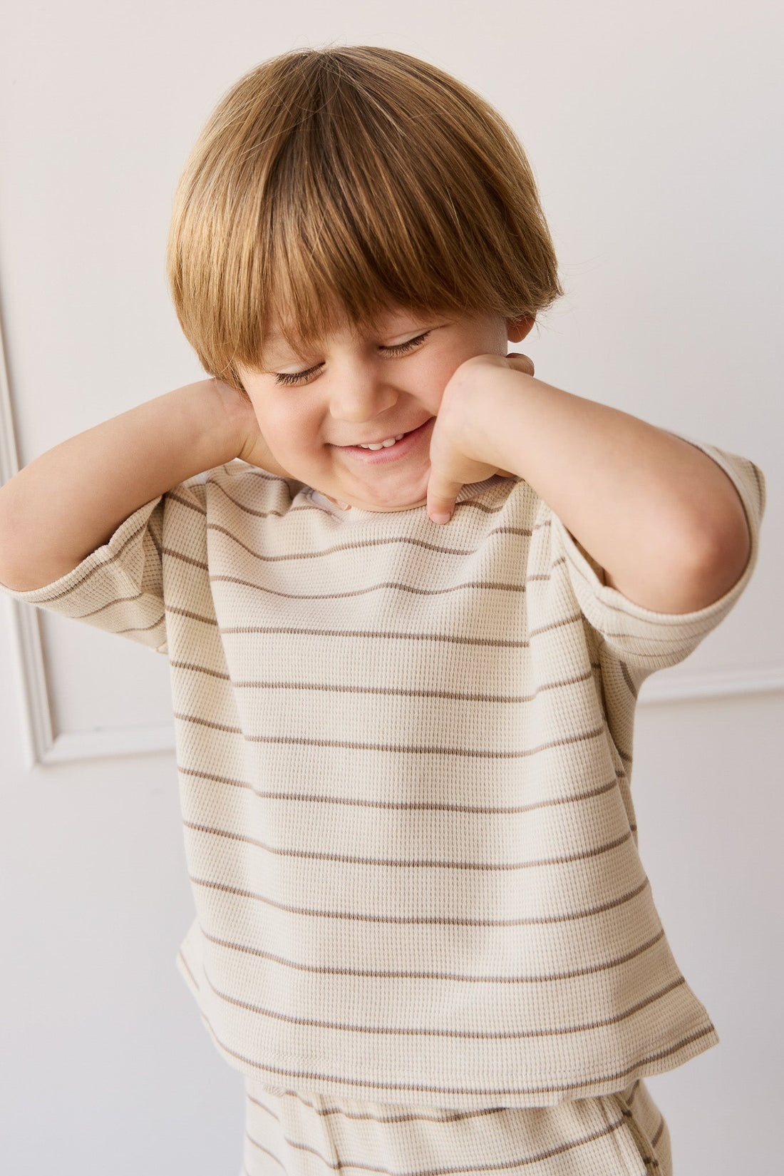 Organic Cotton Waffle Leith Tee - General Stripe Cassava/Batch Childrens Top from Jamie Kay Australia