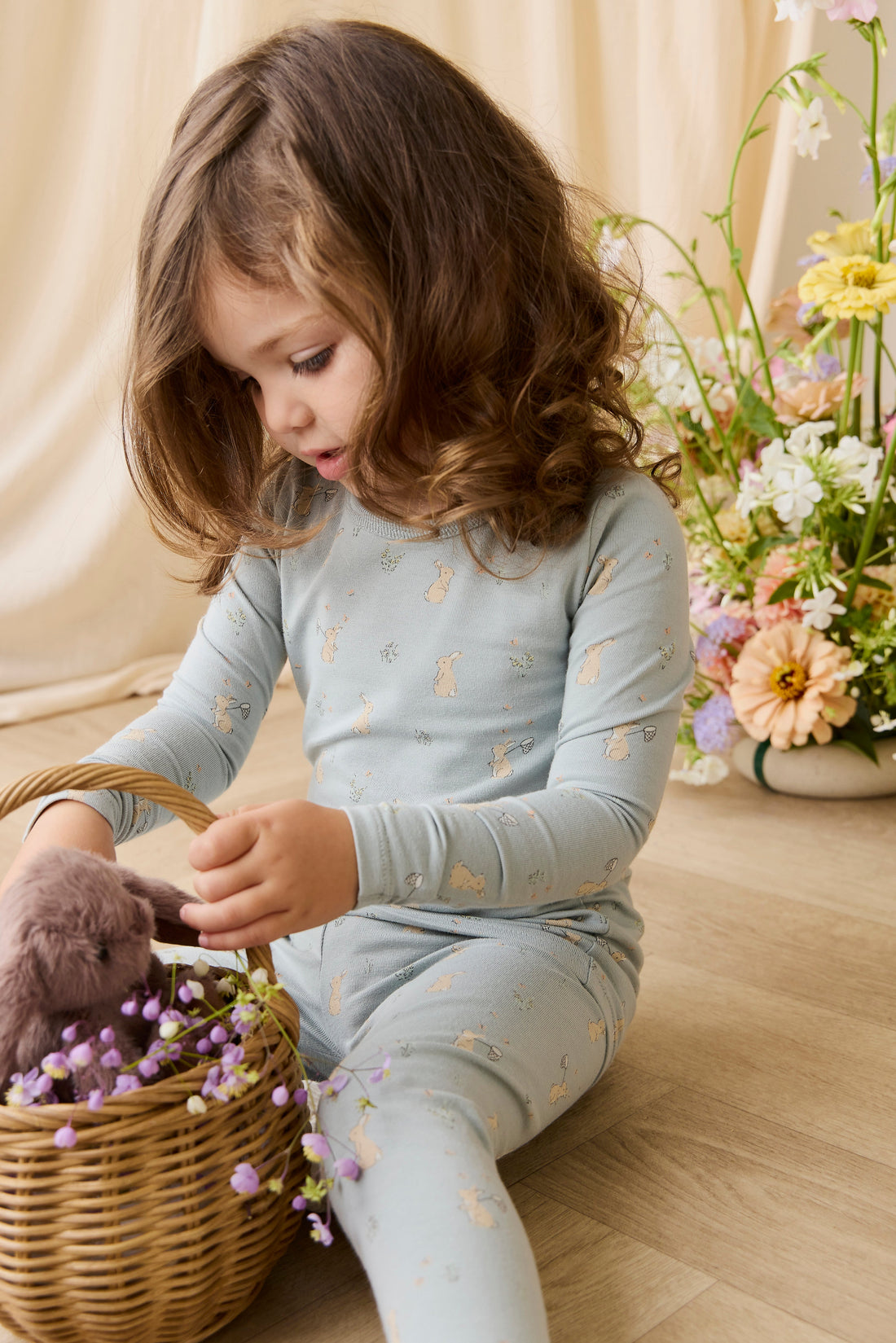 Organic Cotton Amory Long Sleeve Pyjama Set-Lapin Jardin Blue Childrens Pyjama from Jamie Kay Australia