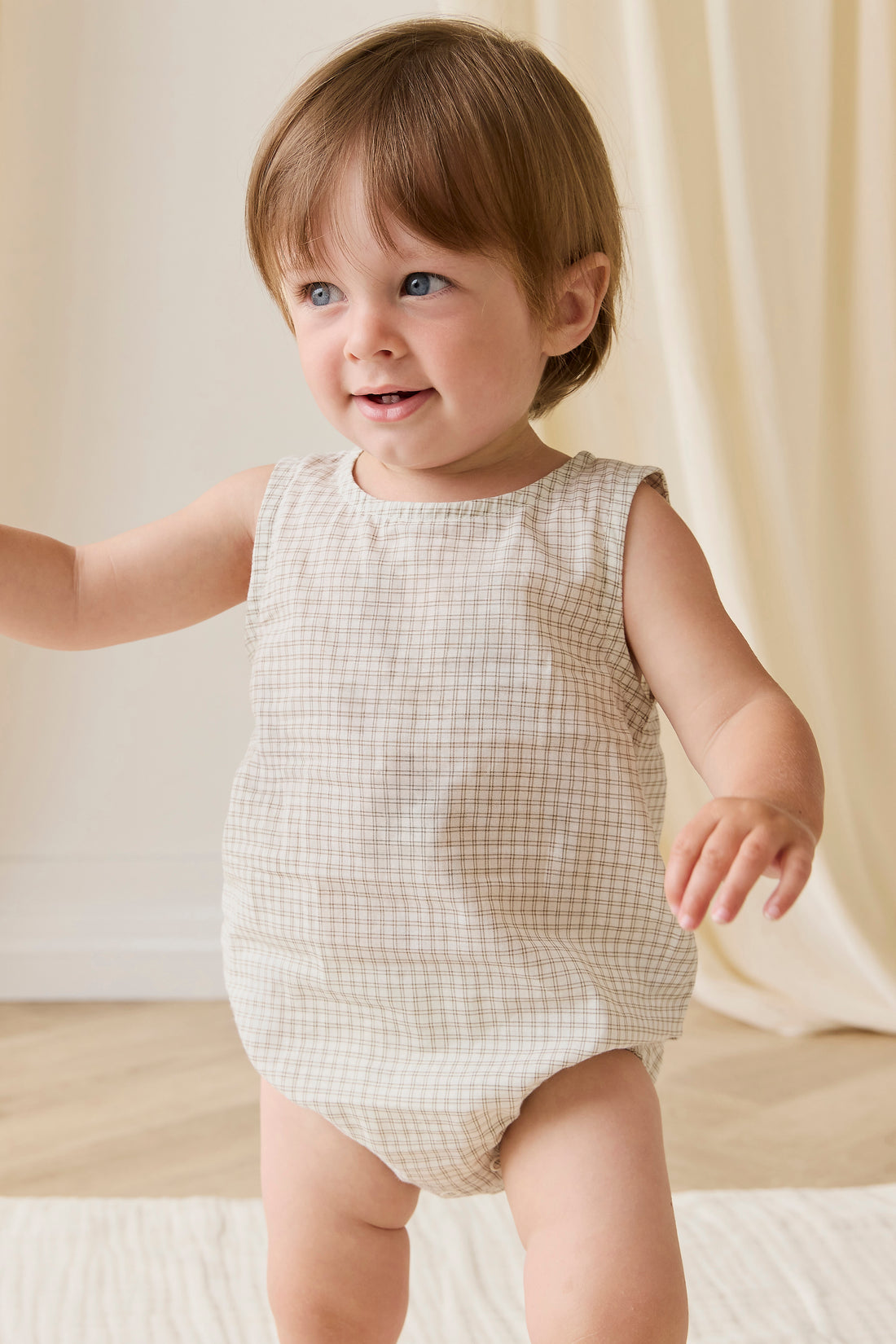 Organic Cotton Bentley Playsuit-Double Windowpane Check Pecan Childrens Playsuit from Jamie Kay Australia