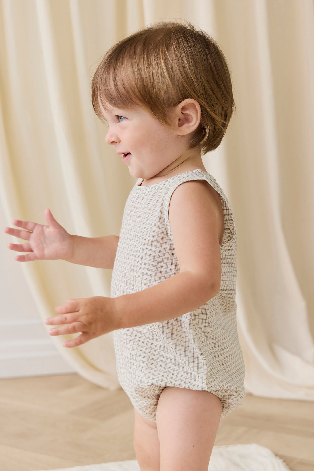 Organic Cotton Bentley Playsuit-Double Windowpane Check Pecan Childrens Playsuit from Jamie Kay Australia