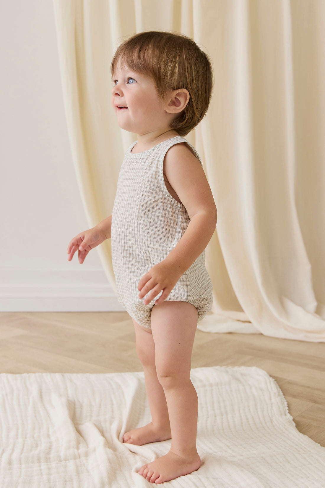 Organic Cotton Bentley Playsuit-Double Windowpane Check Pecan Childrens Playsuit from Jamie Kay Australia
