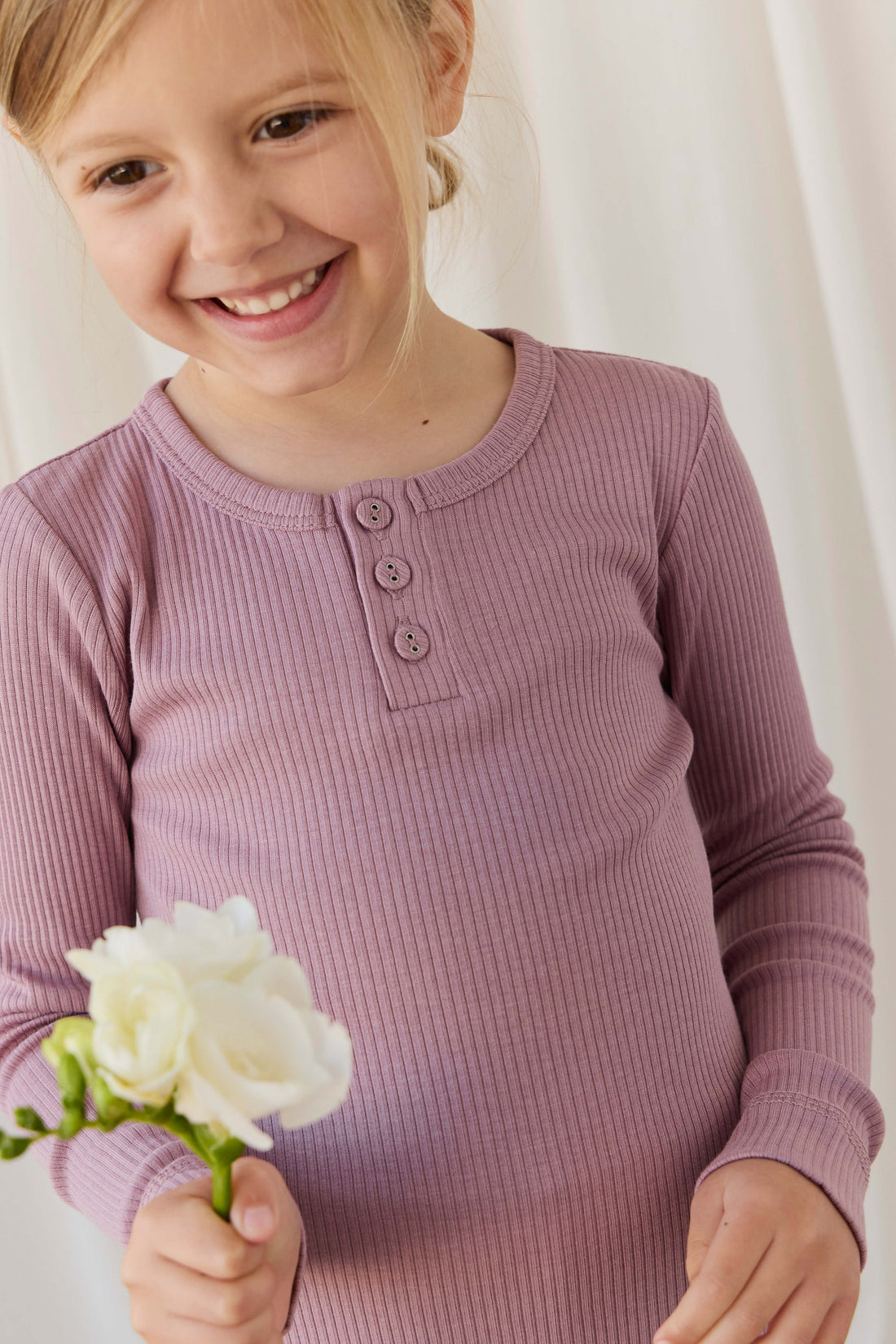 Organic Cotton Modal Long Sleeve Henley - Woodrose Childrens Top from Jamie Kay Australia