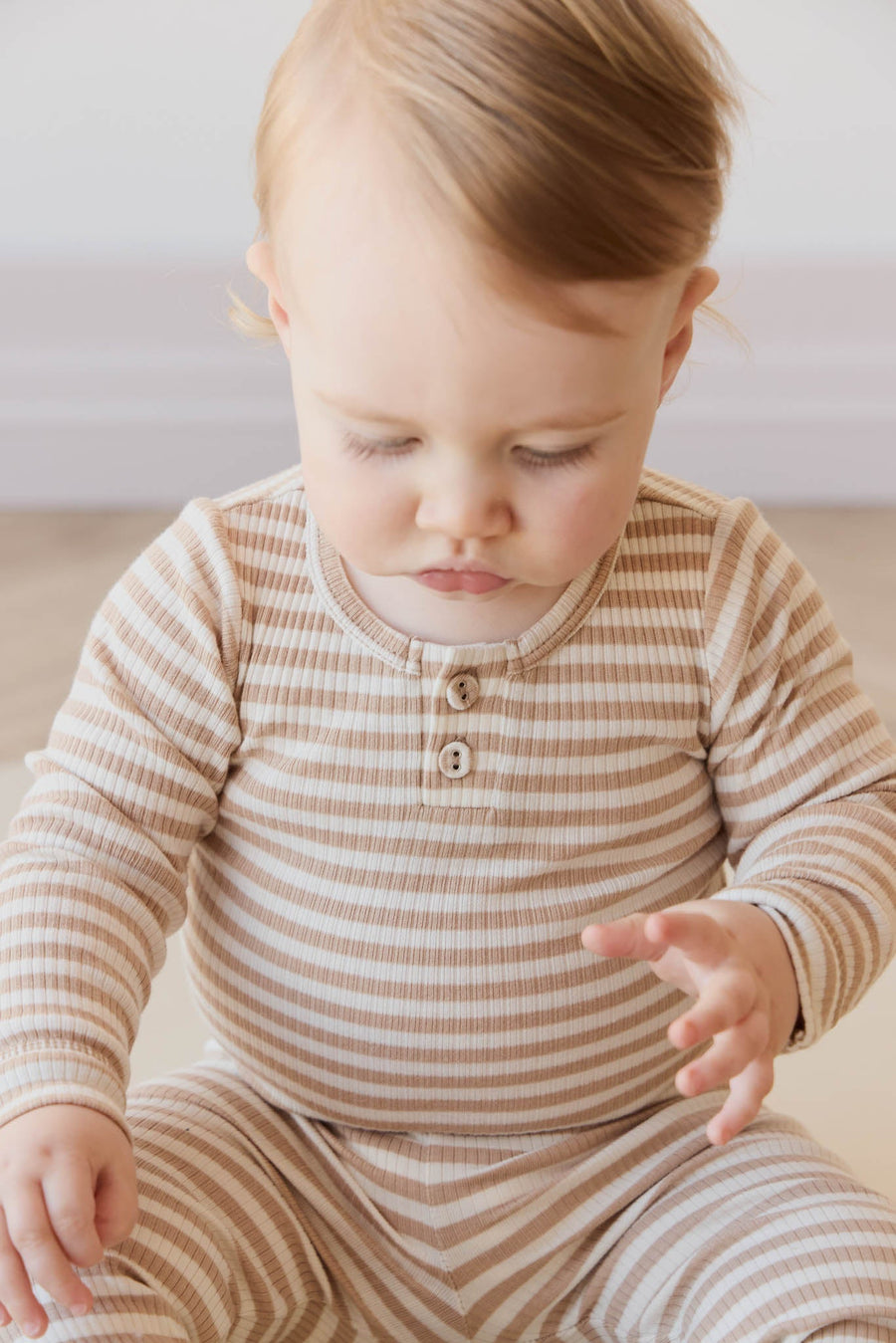 Organic Cotton Modal Long Sleeve Bodysuit - Narrow Stripe Baker/Cloud Childrens Bodysuit from Jamie Kay Australia