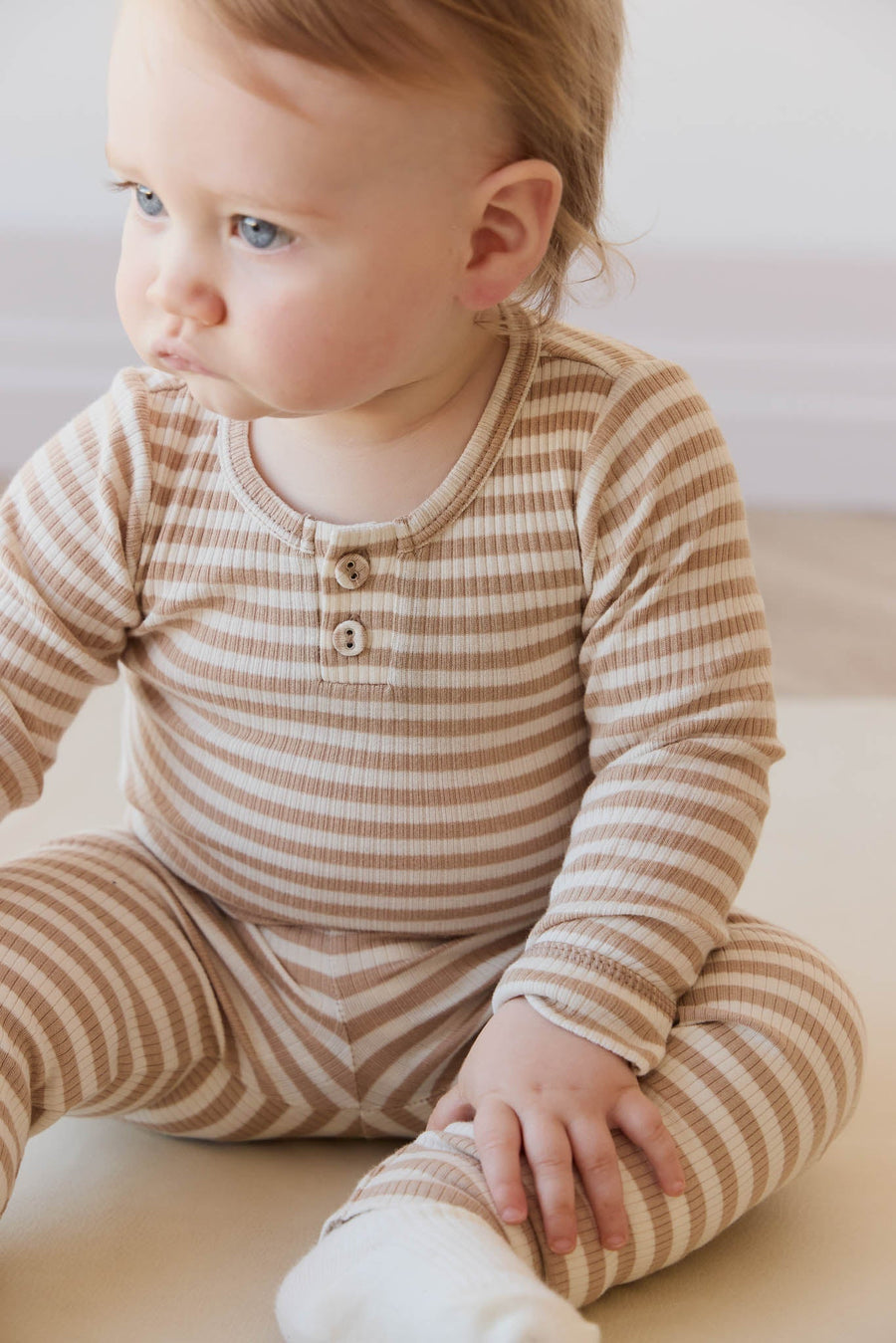 Organic Cotton Modal Long Sleeve Bodysuit - Narrow Stripe Baker/Cloud Childrens Bodysuit from Jamie Kay Australia