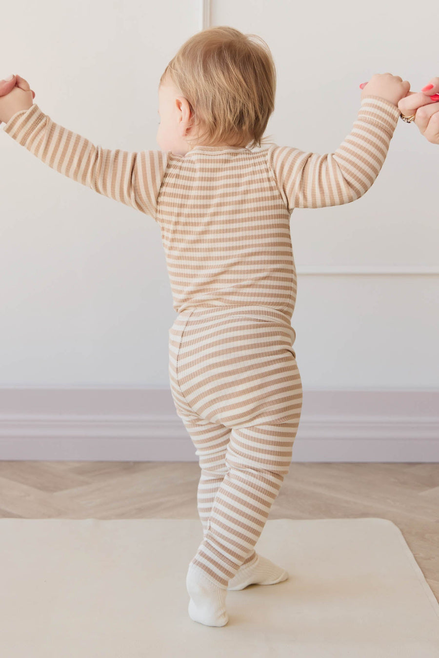 Organic Cotton Modal Long Sleeve Bodysuit - Narrow Stripe Baker/Cloud Childrens Bodysuit from Jamie Kay Australia