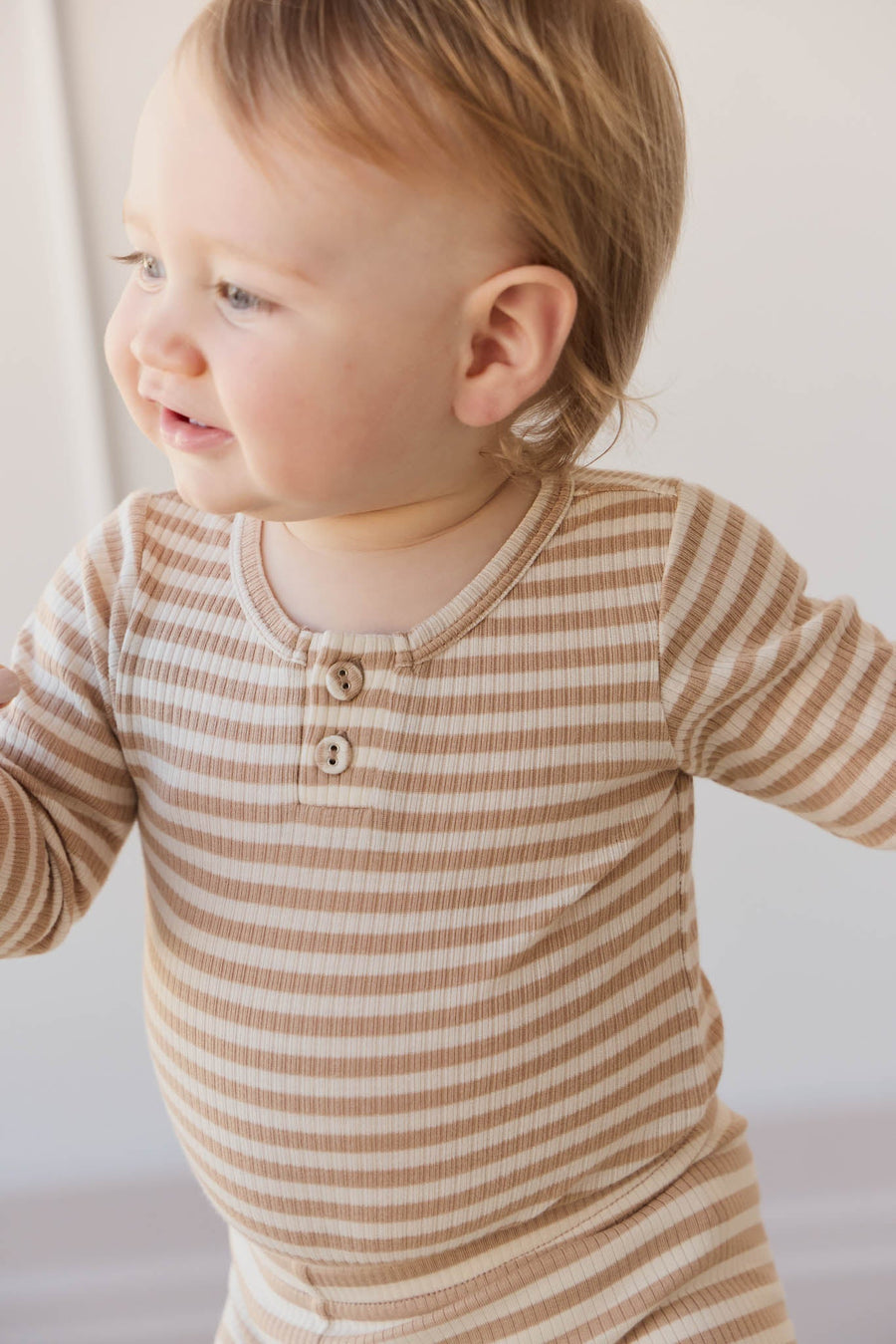 Organic Cotton Modal Long Sleeve Bodysuit - Narrow Stripe Baker/Cloud Childrens Bodysuit from Jamie Kay Australia