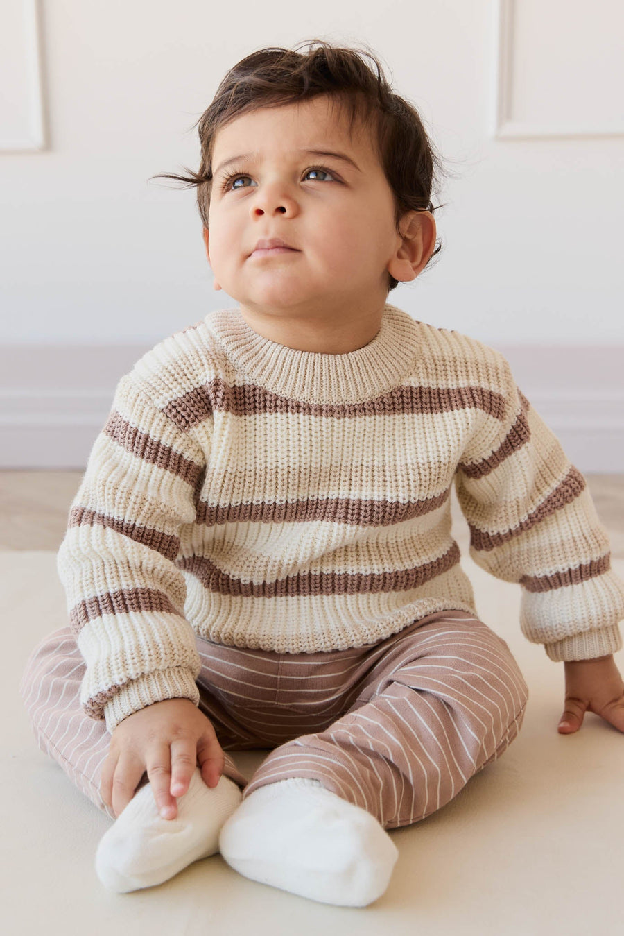 Organic Cotton Shaun Pant - Daily Stripe Pale Terracotta/Buff Childrens Pant from Jamie Kay Australia